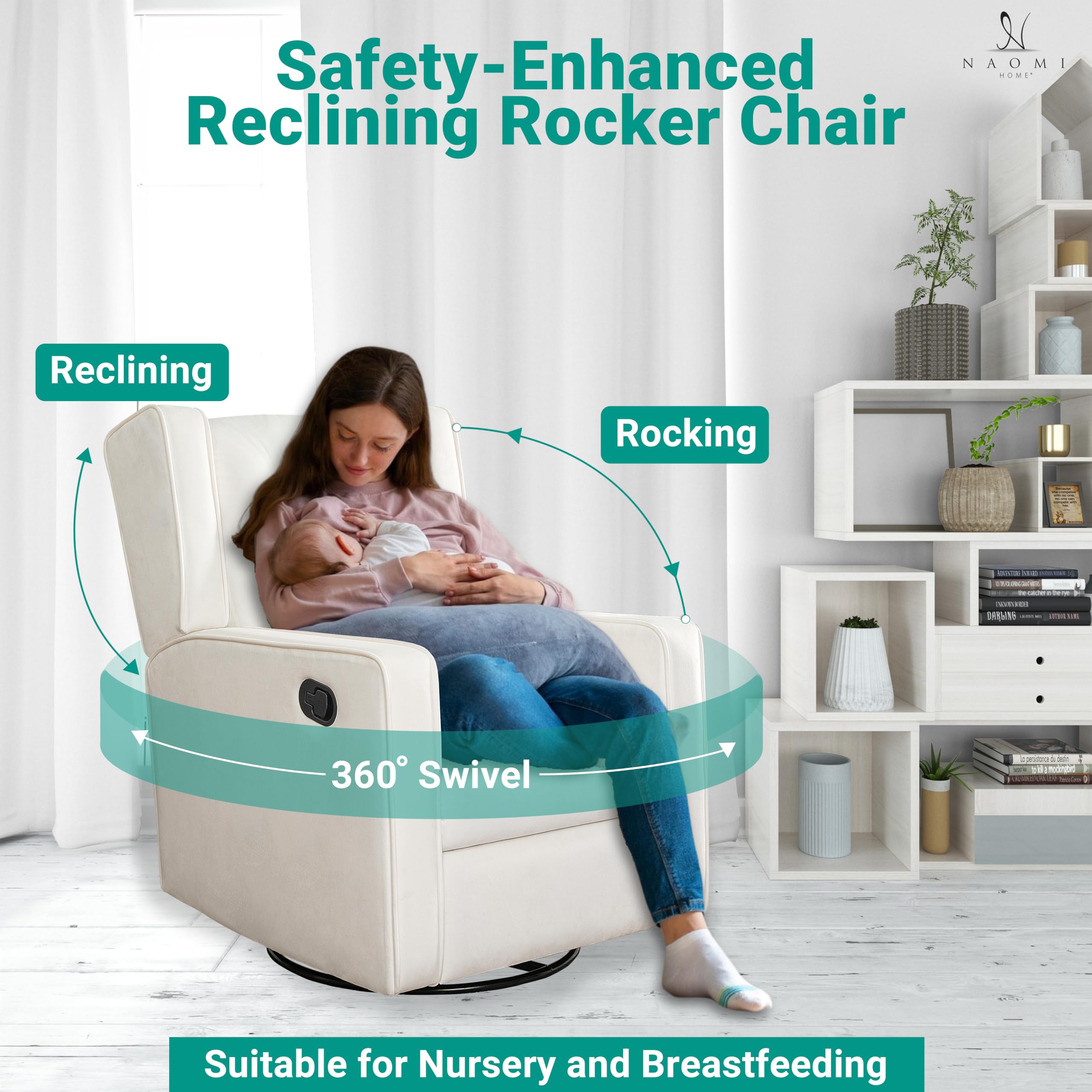 360° Swivel Nursery Glider Recliner - Soft Upholstered Rocking Chair for Breastfeeding, Nursing & Bonding with Baby | Ergonomic Maternity Chair with Adjustable Recline & Plush Cushions to Relieve Muscle Aches | Perfect for Nursery, Bedroom & Breastfeeding Rooms (Bright White)