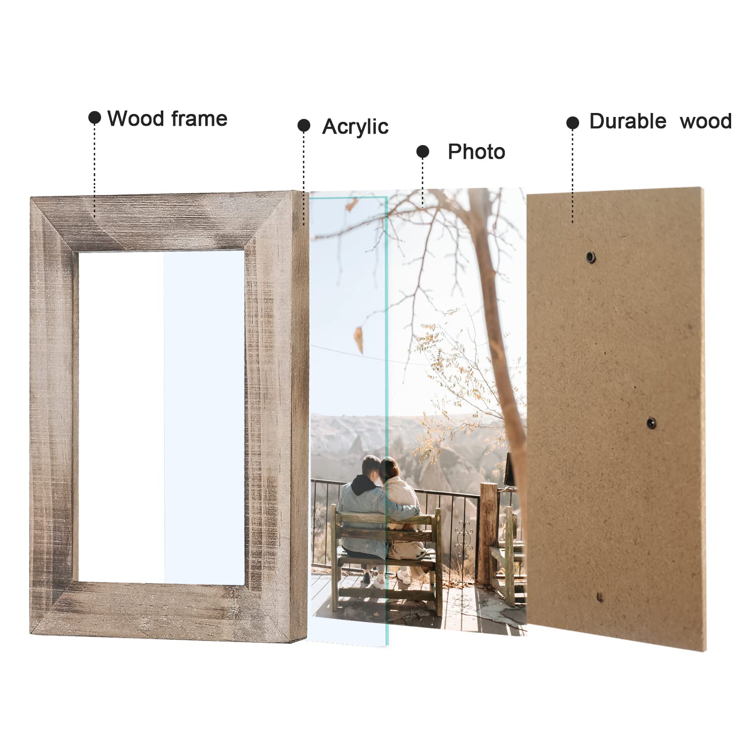Adeco 6-Pack 5x7 Inch Handcrafted Distressed Wooden Picture Frames - Rustic Farmhouse Wall Decor for Photos, Wall Hanging & Tabletop Display - Set of 6 Natural Wood Frames for Home, Office & Wedding Decor