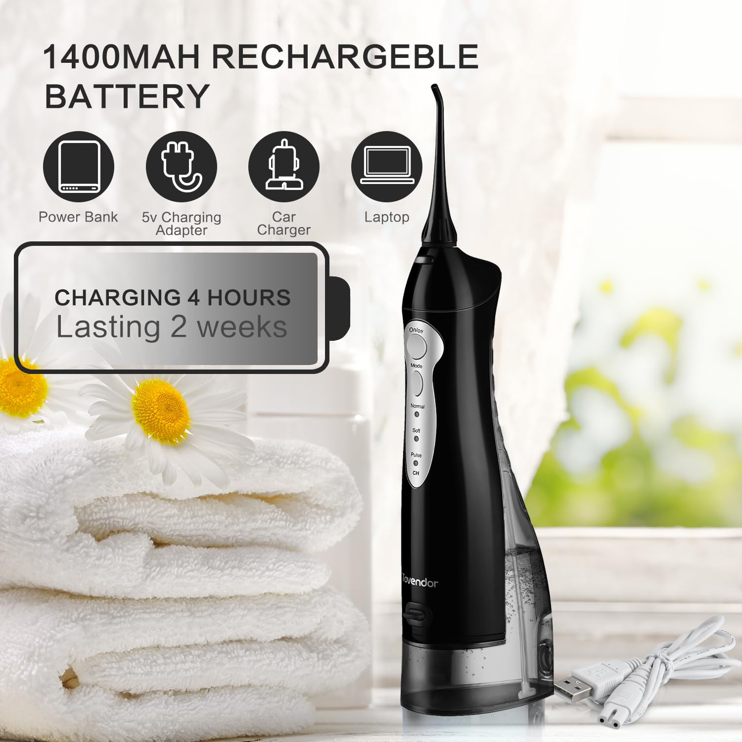 TOVENDOR Cordless Water Dental Flosser - 300ML Rechargeable Oral Irrigator with 5 Nozzle Tips | IPX7 Waterproof Teeth Cleaner for Braces, Gums & Deep Cleaning | Perfect for Travel & Home Use