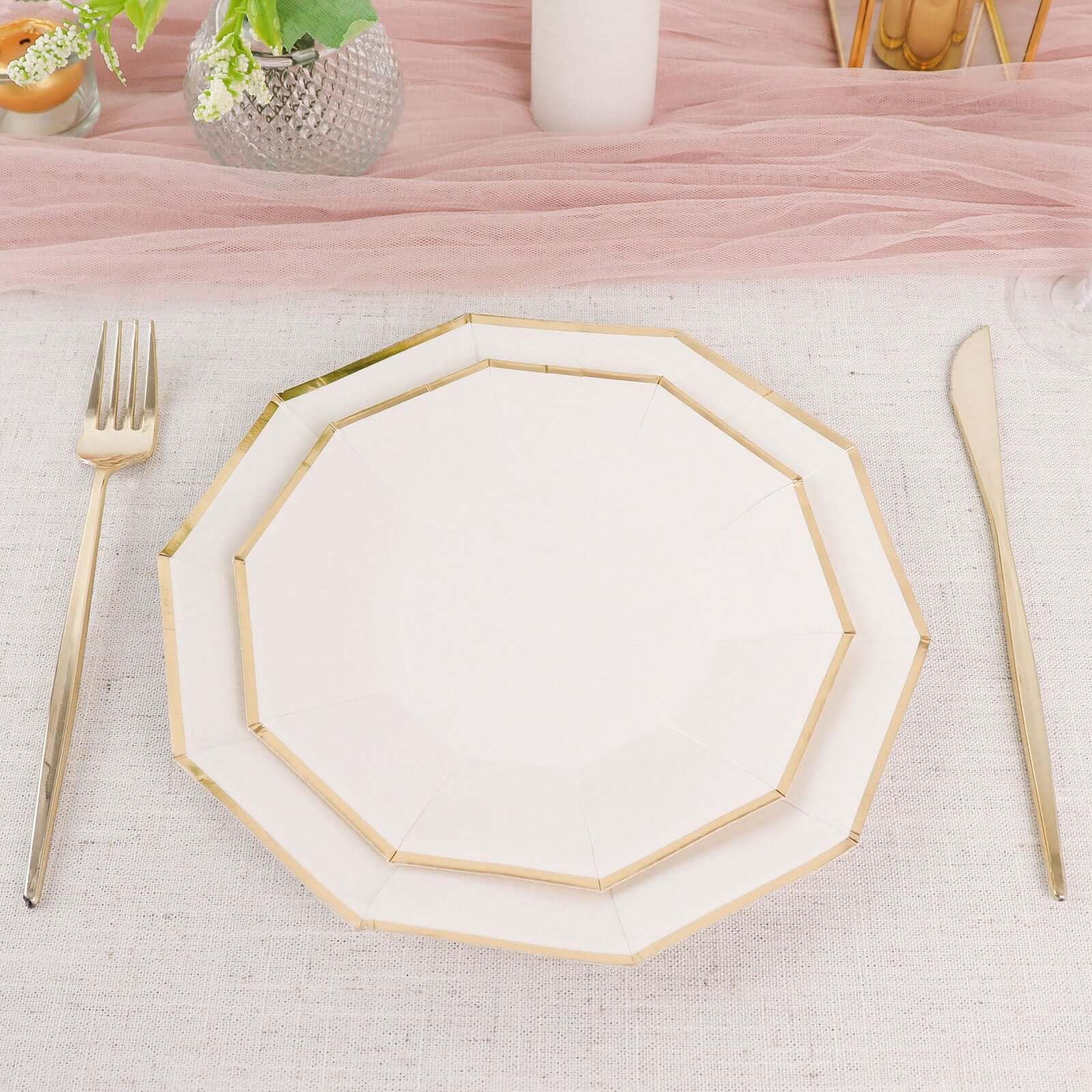 Efavormart 25 Pack 7 Inch Gold Rim White Decagon Dessert Plates, Appetizer Plates & Salad Plates - 300 GSM Heavy Duty Paper Plates for Parties, Weddings & Special Events