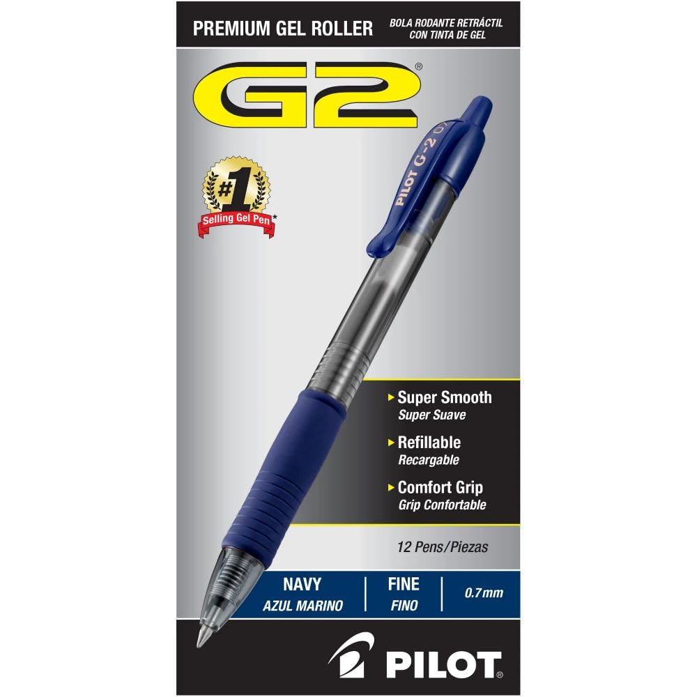 Pilot G2 Premium Gel Roller Pens 0.7mm Fine Point - Navy Blue 12-Pack for Office, School & Note Taking - Smooth Writing Gel Ink Pens for Professionals & Students