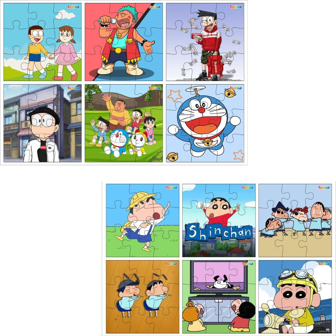 TodFod 6-in-1 Wooden Jigsaw Puzzle Set (54 Pieces) - Doraemon & Shinchan Anime Cartoon Puzzles for Kids Ages 3+, Educational Learning Toys for Preschool Children | Perfect for Birthday Gifts, Classroom Activities & Family Game Night