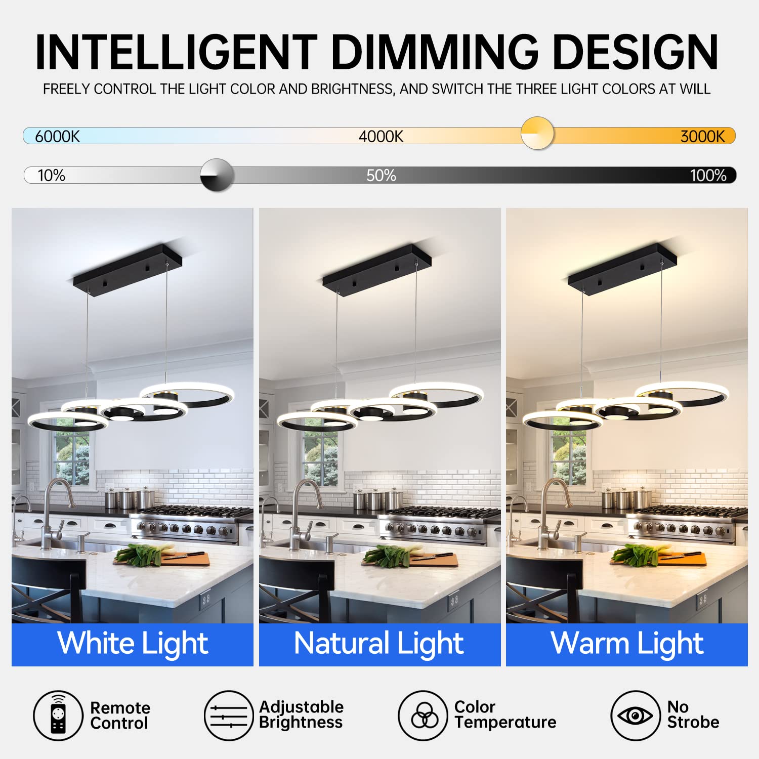 Modern 33-inch Black LED Chandelier Ceiling Light - 82W Dimmable Pendant Light with Remote Control (3000-6000K) - Perfect for Dining Room, Kitchen Island & Living Room Lighting