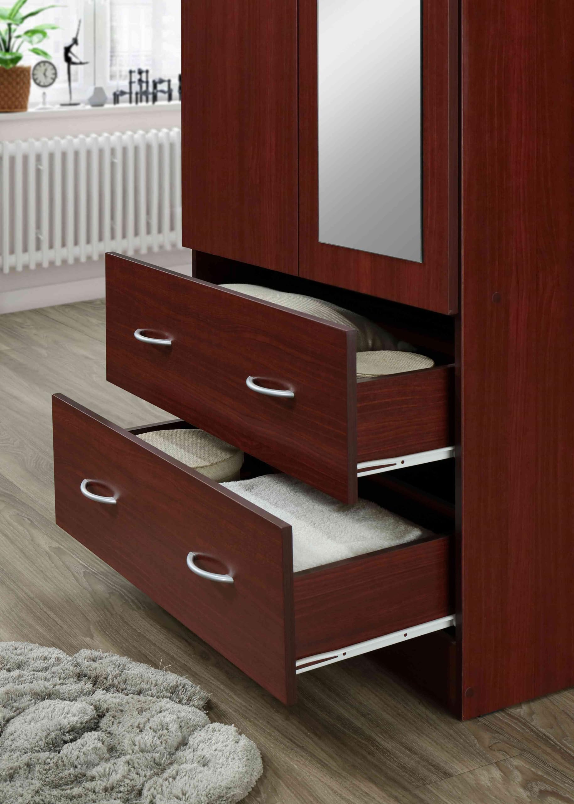 HODEDAH 2-Door Wood Wardrobe Closet with Mirror, Clothing Rod & 2 Storage Drawers - Mahogany Finish Bedroom Furniture for Organizing Clothes, Shoes & Accessories | Perfect for Master Bedroom, Guest Room & Dorm Organization