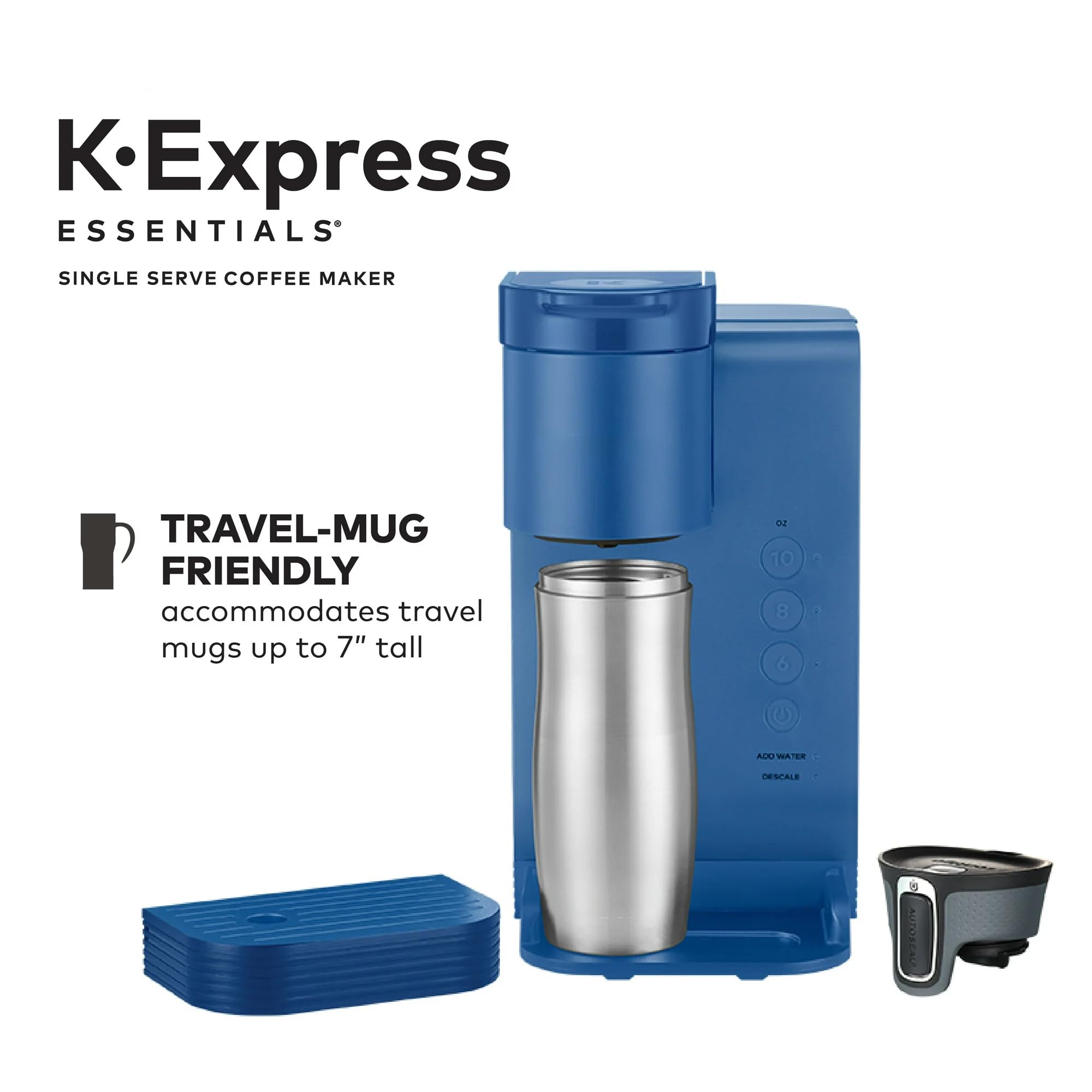 **K-Express Essentials Single Serve Coffee Maker - Compact K-Cup Pod Machine with 36 oz Water Reservoir, Fast Brewing & Travel Mug Compatible - Perfect for Home, Office & Travel (Navy Blue)**    *(Use Cases: Enjoy fresh coffee at home, in small offices, dorm rooms, or while traveling with this portable and space-saving coffee maker.)*