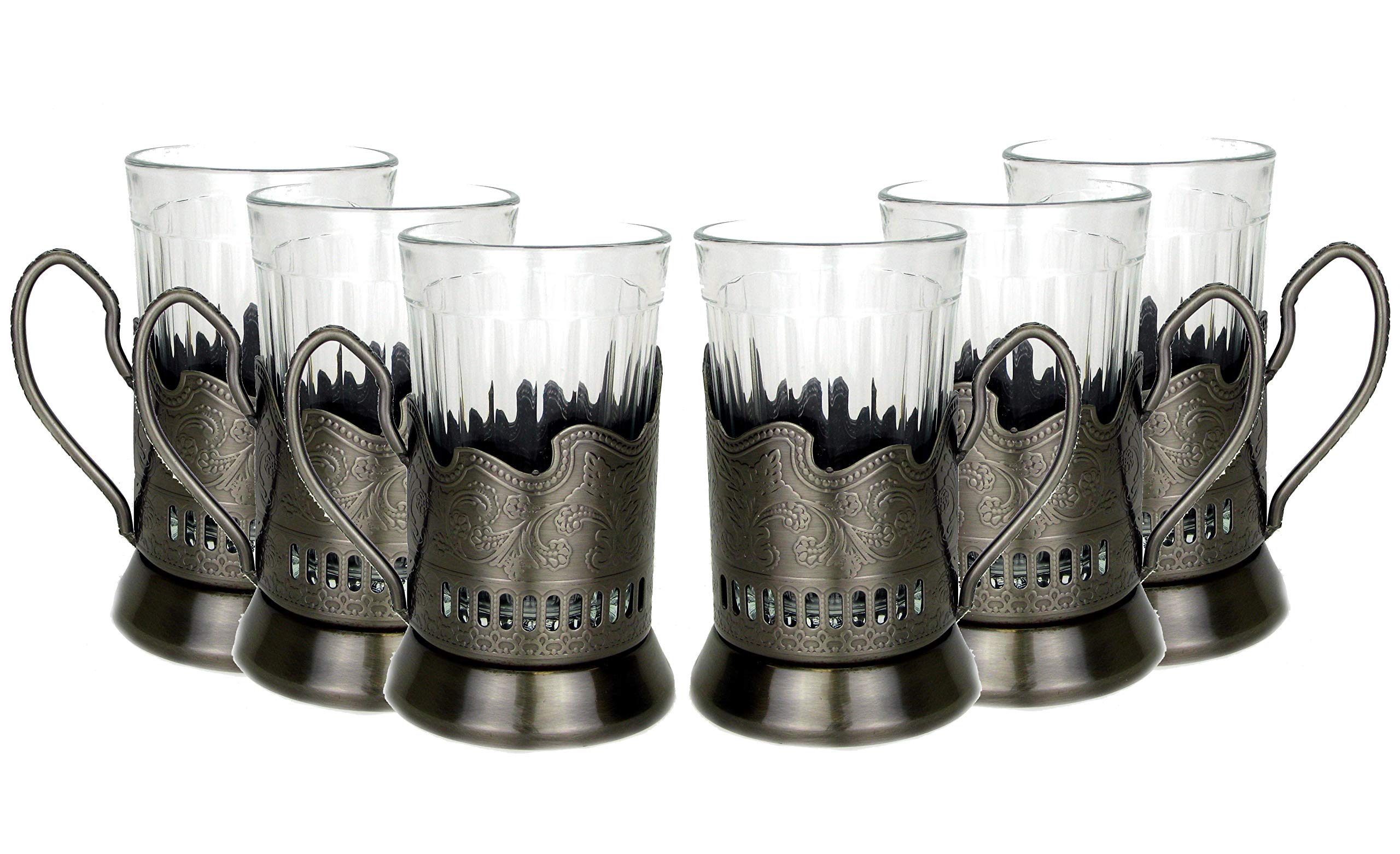 Vintage USSR Russian Tea Set - 6 Granyoniy Hot Tea Glasses with 6 Metal Holders (Podstakannik) - Traditional Belarusian Tea Accessories for Home, Office & Gift Giving