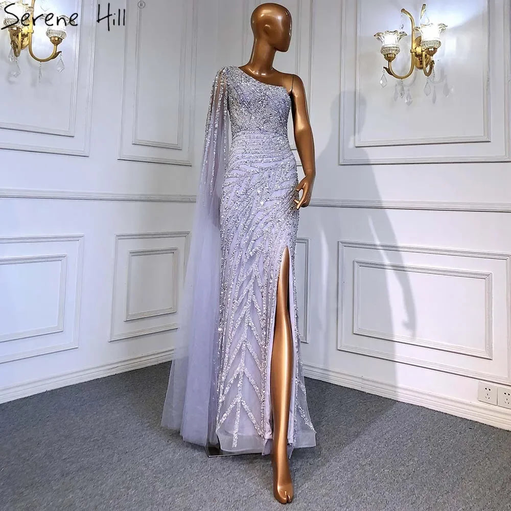 Elegant One Shoulder Lilac High Split Mermaid Evening Dress with Beaded Details for Women - Perfect for Prom, Gala, and Formal Parties - Serene Hill LA71493