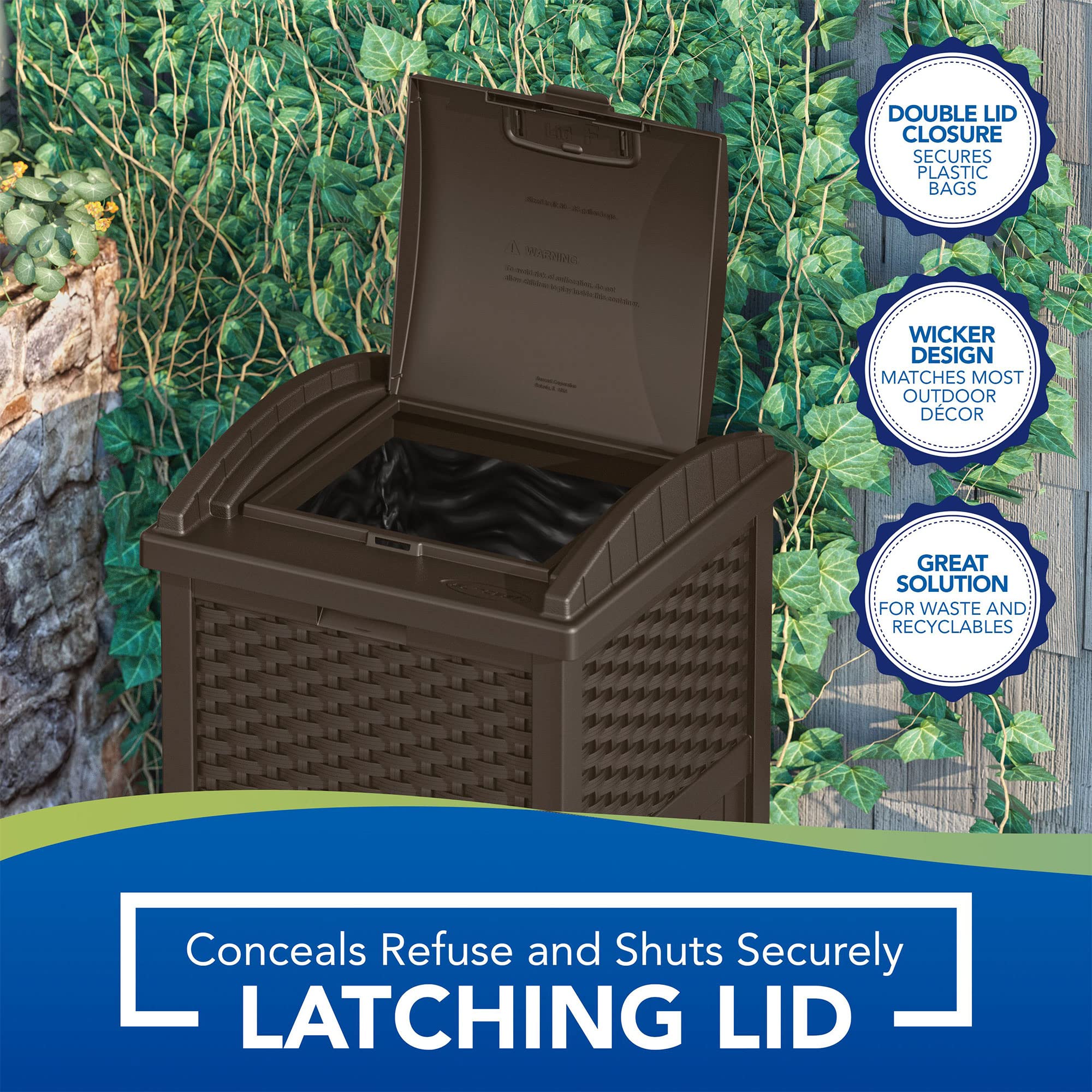 Suncast 33 Gallon Resin Wicker Outdoor Trash Hideaway Garbage Can - 4 Pack Set for Patio, Deck, Backyard & Garden Waste Disposal