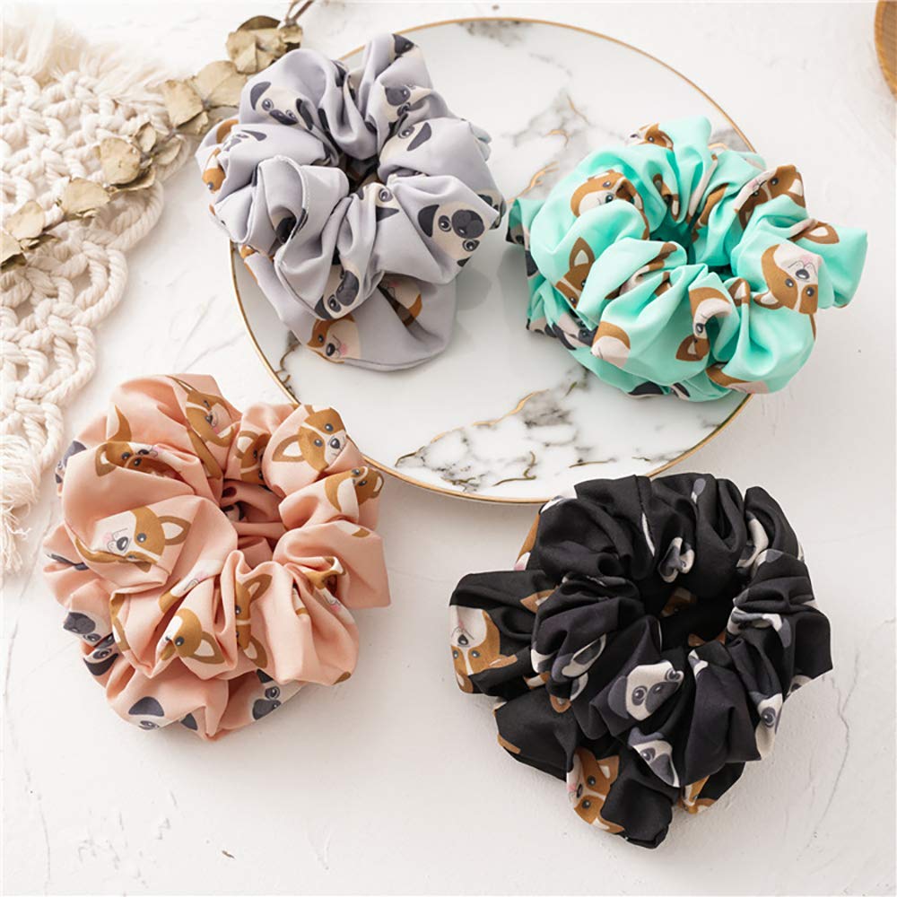 4 Pack Cute Pug Dog Scrunchies for Women & Girls - Cartoon Pet Hair Ties, Chiffon Hair Bands for Dog Lovers - Perfect for School, Work, and Everyday Fashion Accessories