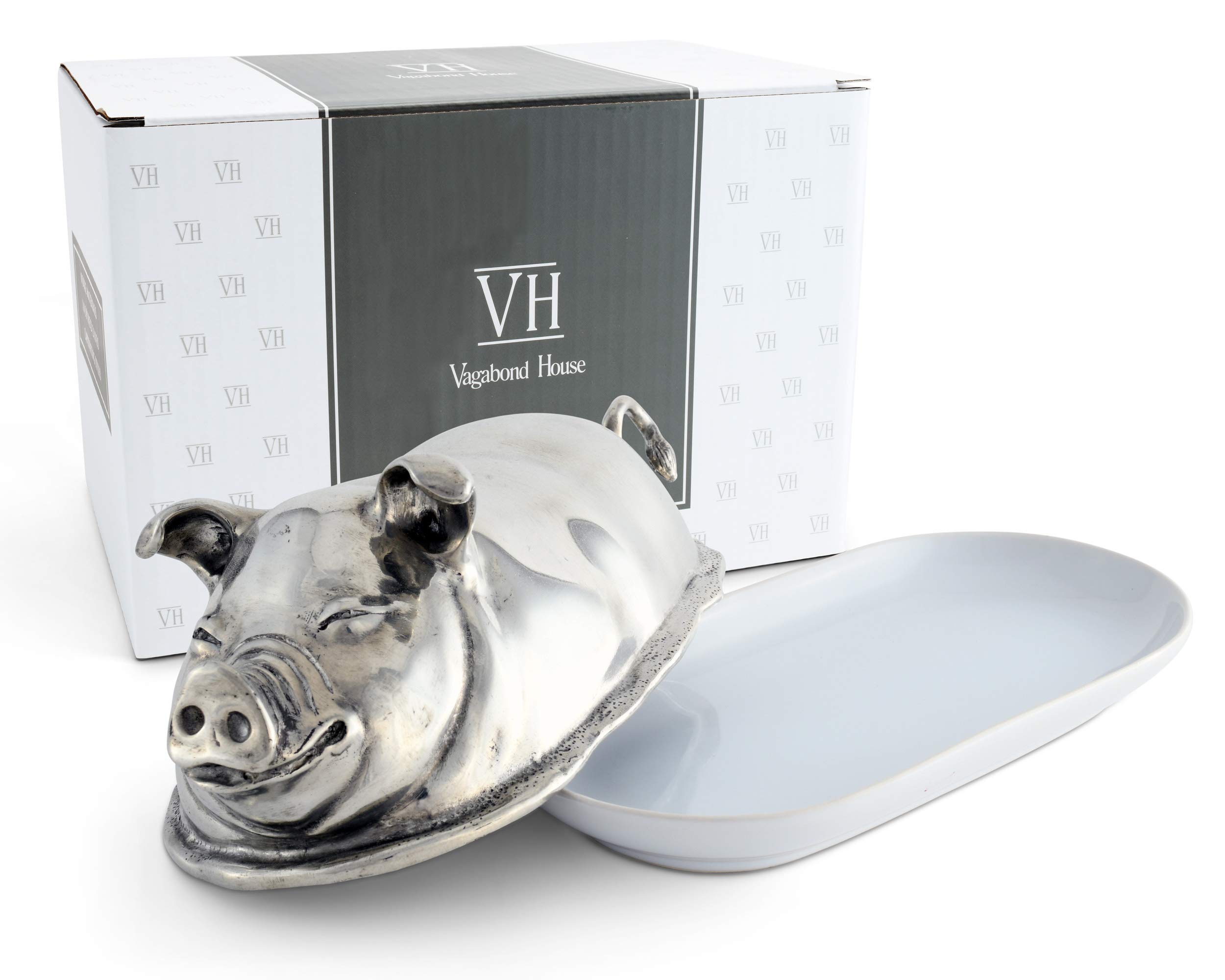 Vagabond House Solid Pewter Happy Pig Covered Butter Dish - 7.5 Inch Farmhouse Style Cheese Container with Heirloom Quality | Perfect for Kitchen, Dining Table, and Country-Themed Decor