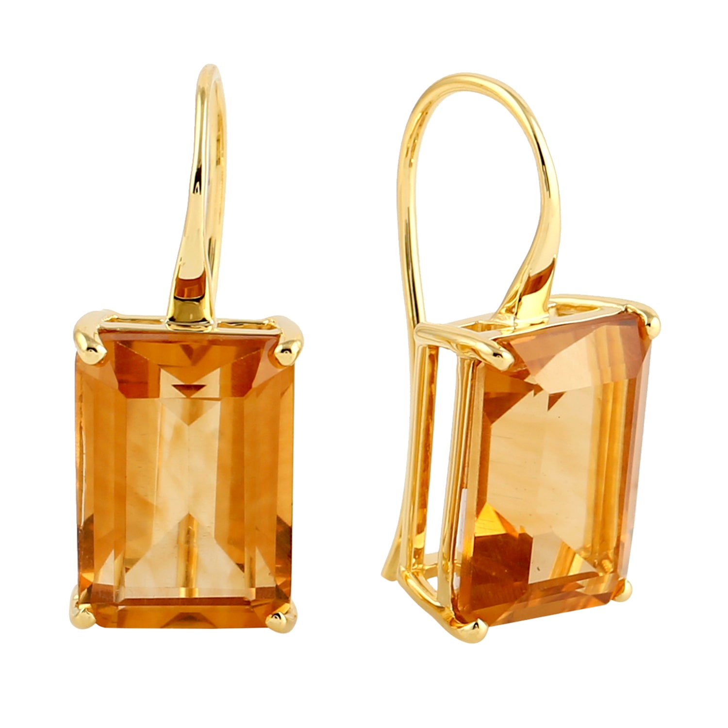 14K Yellow Gold Emerald Cut Citrine Gemstone Ear Hook Earrings – Elegant Dangle Earrings for Women, Perfect for Parties, Weddings & Special Occasions