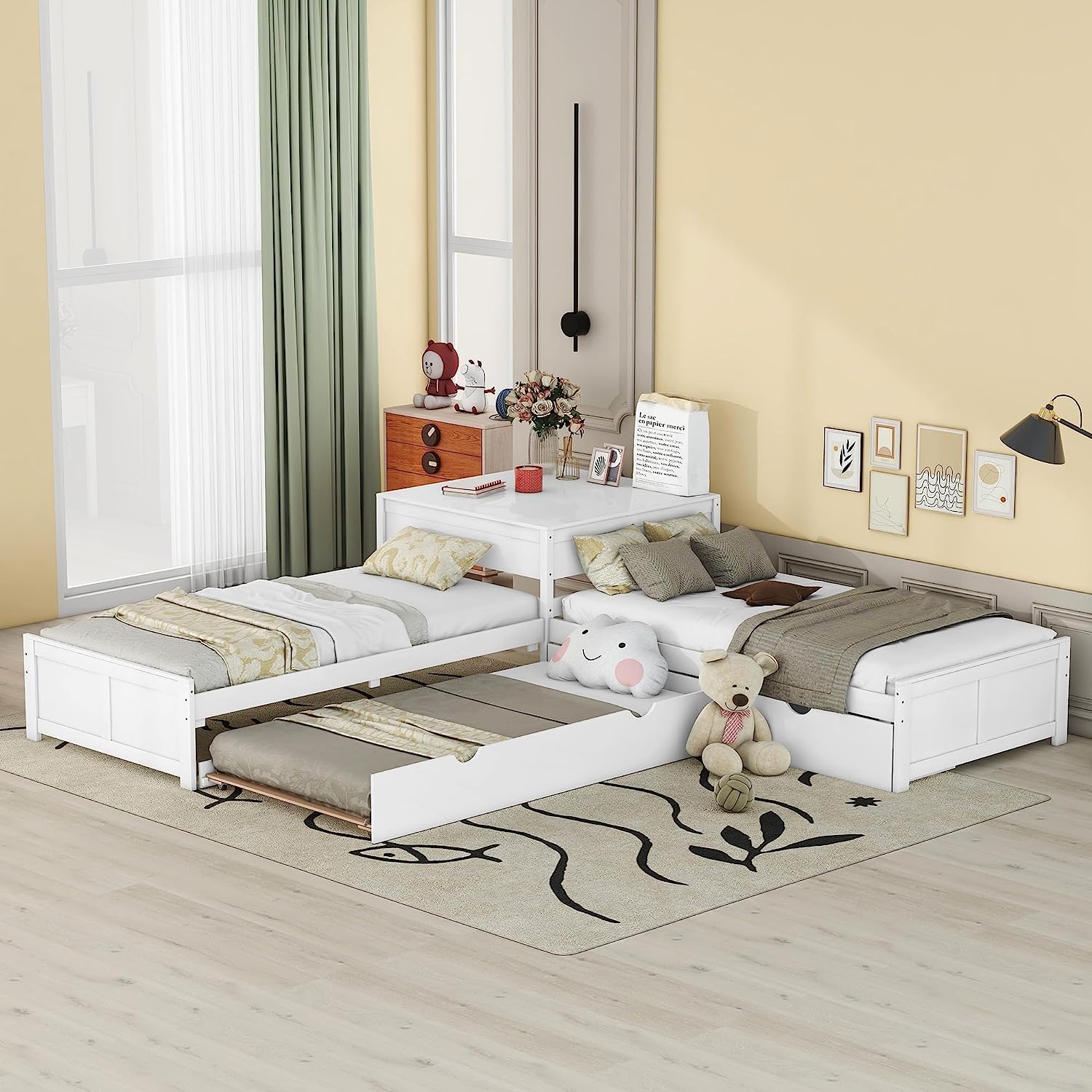 **L-Shaped Wooden Platform Bed with Trundle & Drawers - Twin Size, White - Built-in Desk & 3 Twin Beds for Kids, Teens, Boys & Girls - Perfect for Small Bedrooms, Shared Rooms & Multi-Kid Spaces**