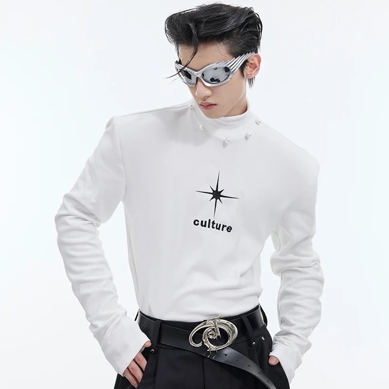 Trendy Men's Stand Collar Pearl Embellished Contrast Print Slim Fit Long Sleeve T-Shirt | Autumn Fashion Top for Casual Wear, Office & Date Nights | Style Code 9C4452