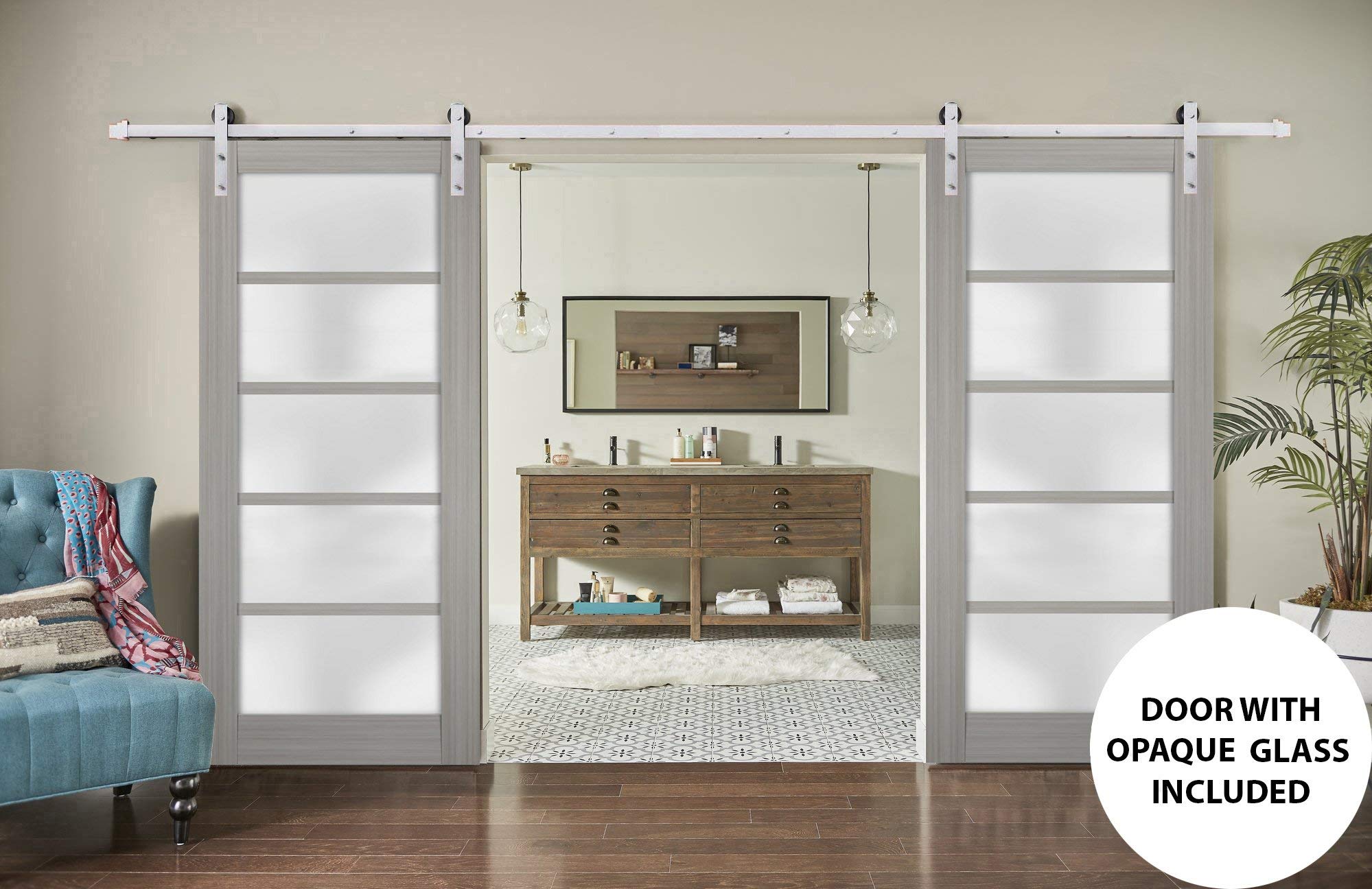 36x96 Inch Frosted Glass Double Barn Door - Quadro 4002 Grey Ash Finish with 13FT Stainless Steel Rail Hangers | Heavy Duty Solid Panel Interior Sliding Doors for Bedroom, Closet & Farmhouse Style Homes