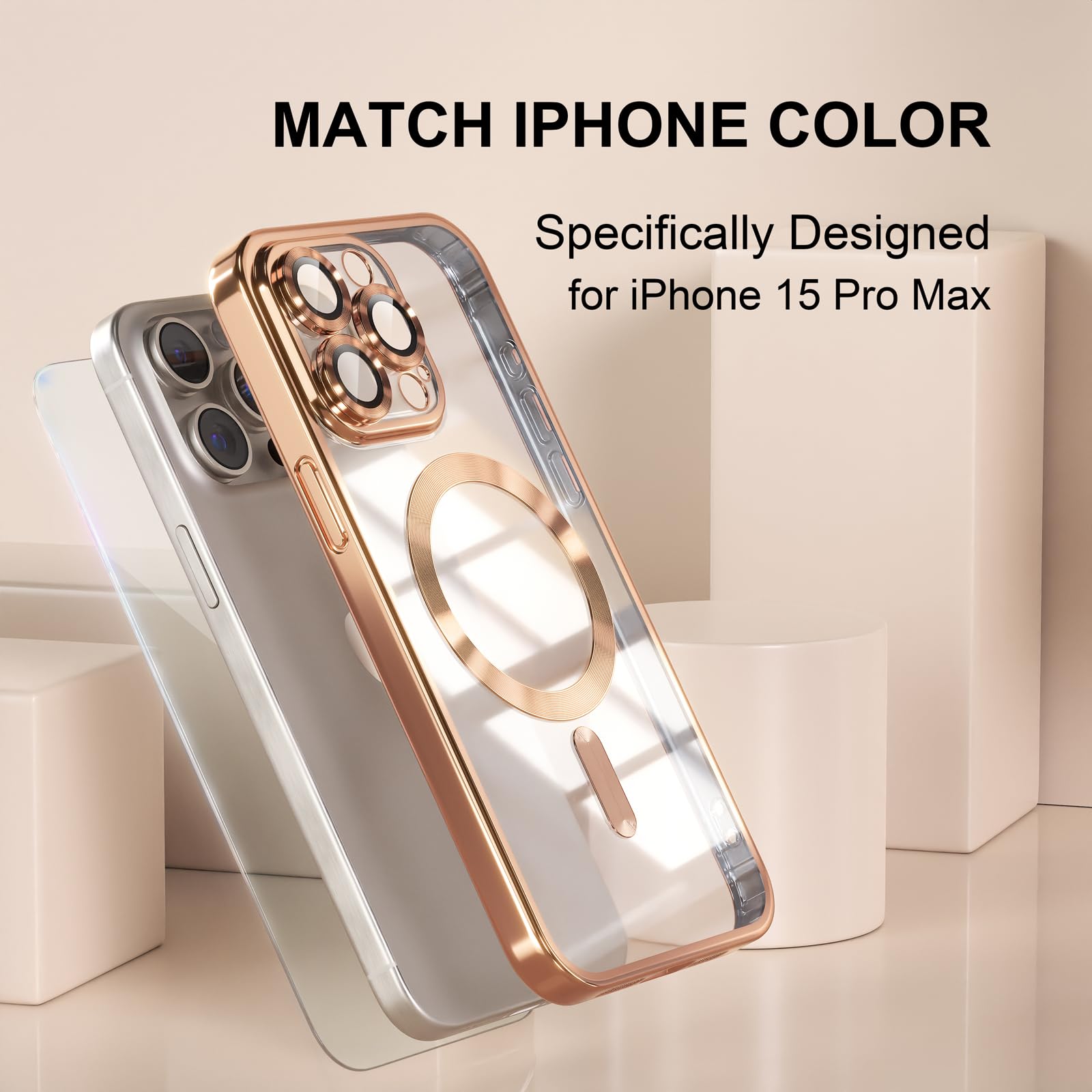 Misea Magnetic iPhone 15 Pro Max Case with MagSafe - Military Grade Drop Protection, Anti-Yellowing Clear Cover, Full Camera Lens Protector - Perfect for Women & Girls (Gold) | Everyday Protection & Stylish Design for Work, Travel & Social Outings