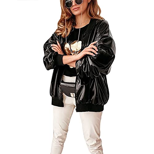 Listenwind Women's Shiny Metallic Holographic Faux Leather Jacket - Long Sleeve Zip Up Baseball Jersey Style Outerwear for Night Out, Party & Streetwear Fashion