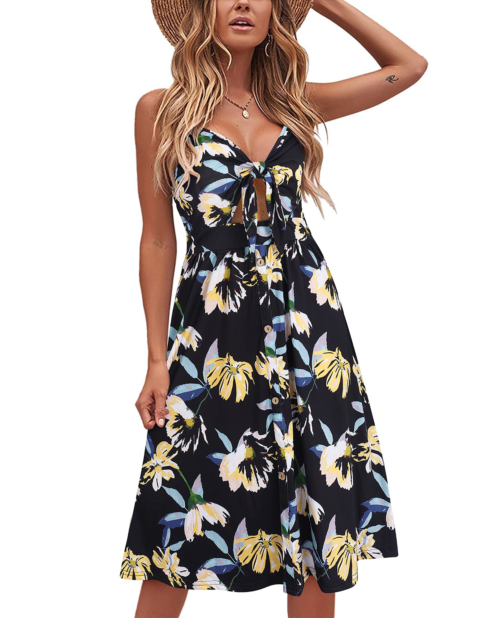 VOTEPRETTY Women's Floral Sundress - V Neck Tie Front Spaghetti Strap Summer Dress with Pockets | Beach Wear, Vacation Outfit & Casual Day Dress