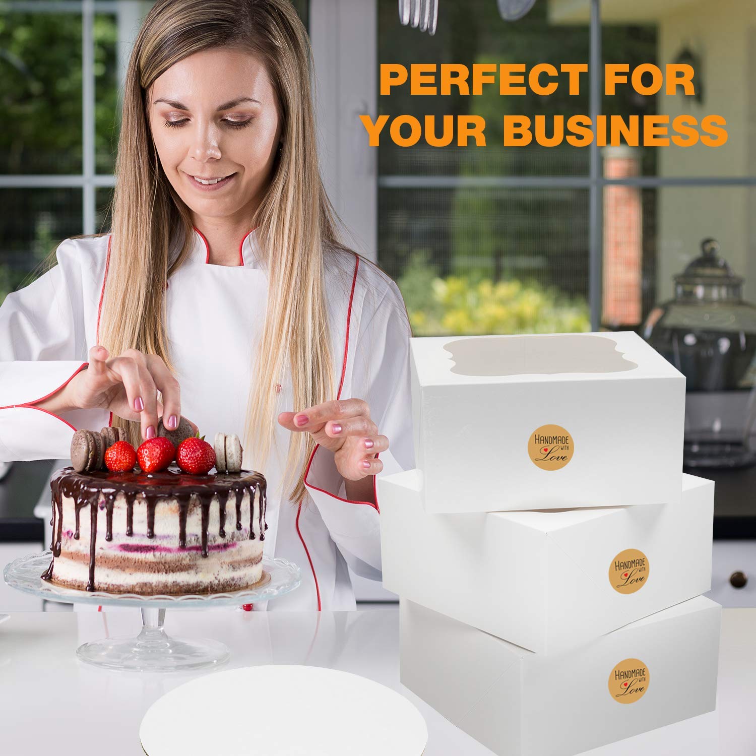 SELMY 10 Inch Cake Boxes with Window [12-Pack] - 10x10x5 White Bakery Boxes with Boards & Stickers for Birthday, Wedding, and Party Desserts