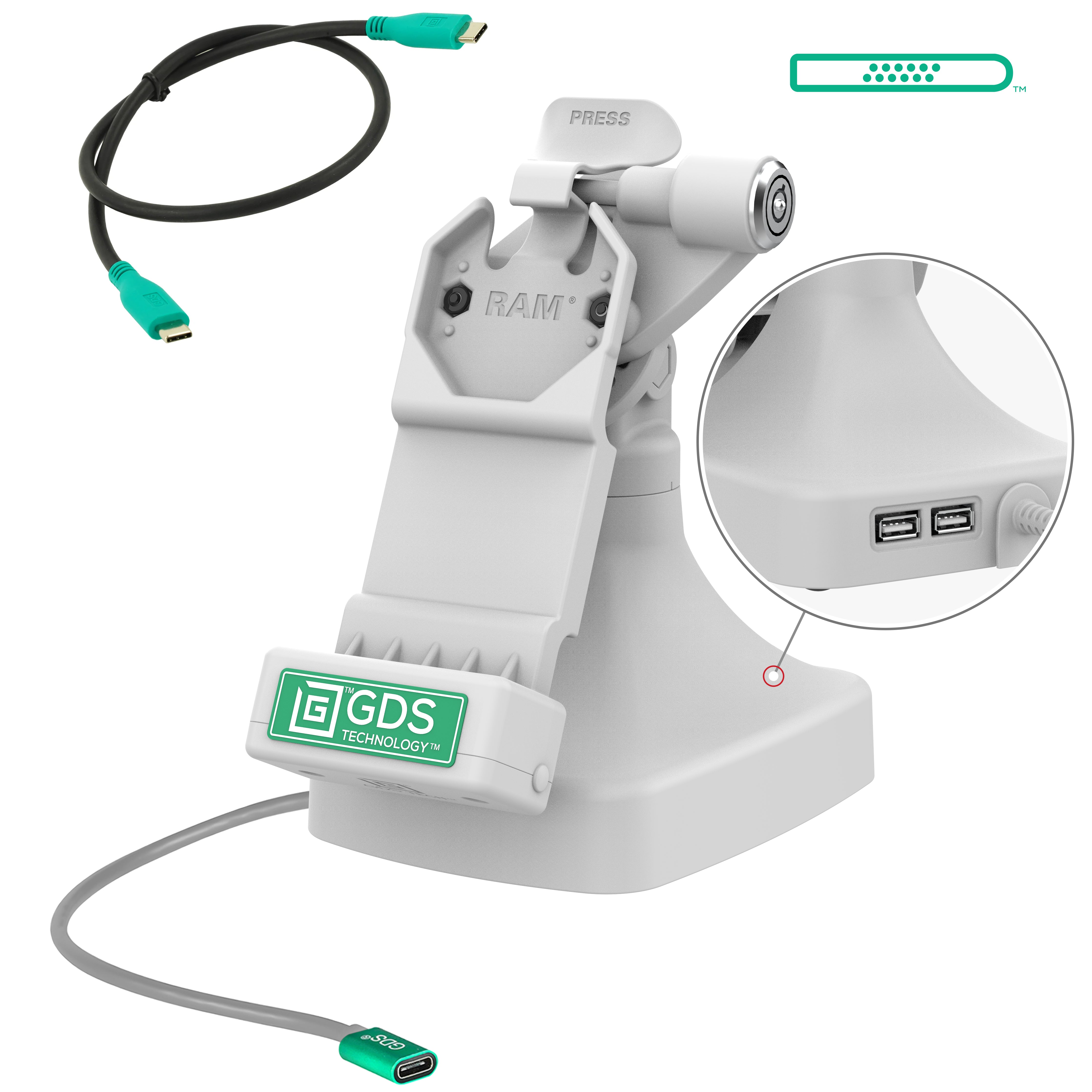 GDS® Uni Conn™ Locking Tilt & Swivel Dock with USB C + Data Port - Gray (RAM GDS DOCKLR D14 U1C 2A GRY) - Perfect for Office, Home & Car Use - Universal Laptop & Tablet Mounting Solution