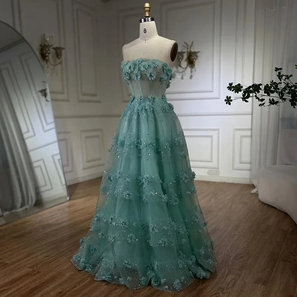 Elegant Arabic Turquoise Appliques A-Line Long Evening Dress for Women - Wedding, Party, Prom, Gala & Special Occasions | Serene Hill Collection 2025 LA72445