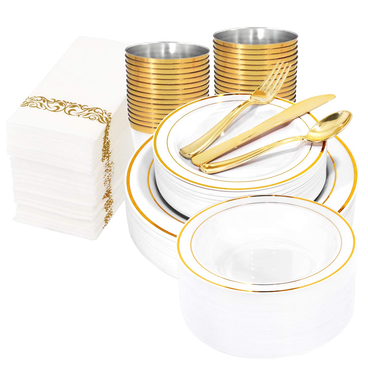 400-Piece Gold Plastic Dinnerware Set - Disposable Plates, Cups, Bowls, Cutlery & Napkins for Weddings, Parties & Events - Elegant Tableware for Catering, Picnics & Outdoor Gatherings