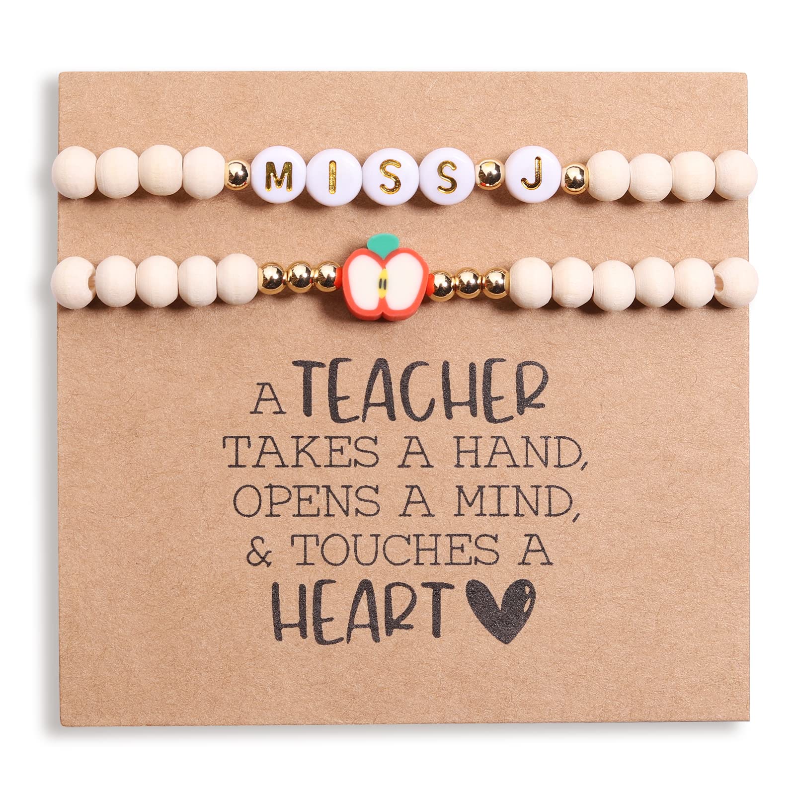 Personalized Teacher Bracelet for Women - 2 Pcs Custom Initial Bracelet (Mrs/Miss/Ms) - Teacher Appreciation Gift from Students & Friends - Thank You TEACH Jewelry - Perfect for Teacher's Day, Retirement, Christmas & End of Year Gifts