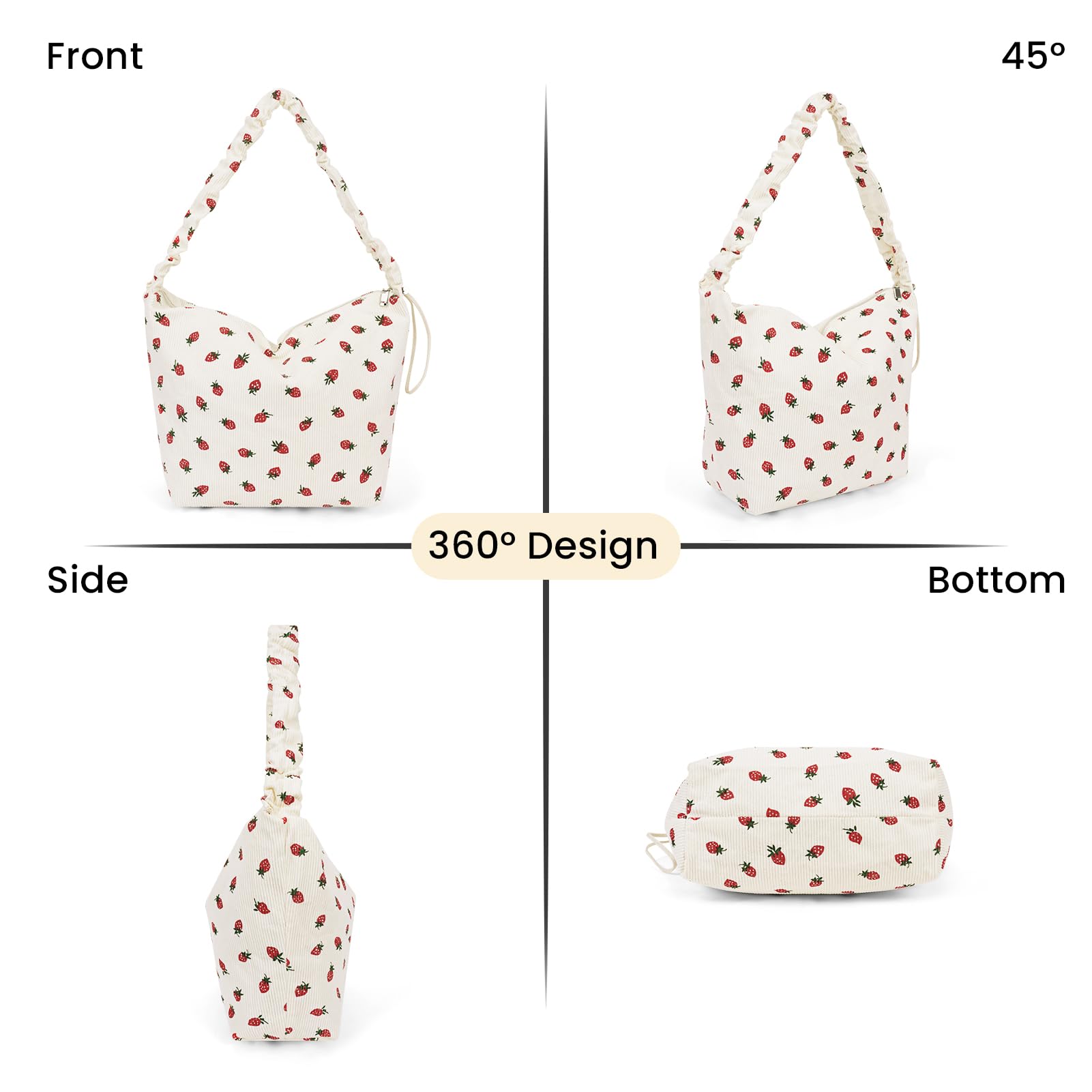Strawberry Print Corduroy Tote Bag for Women - Cute Zippered Shoulder Purse, Aesthetic Hobo Bag | Perfect for Work, Shopping & Daily Use