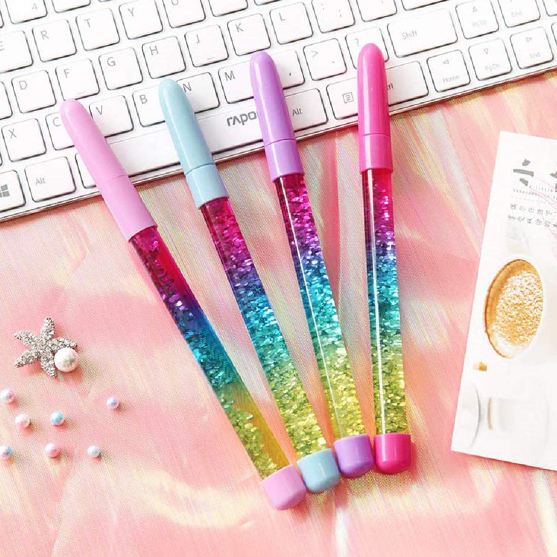 4 Pack Bling Rainbow Liquid Sand Gel Ink Pens - Glitter Fairy Stick Ballpoint Crystal Rollerball Pens for Kids Girls, Students, Office & School Supplies - Perfect for Note Taking, Journaling, Gift Giving & Creative Writing (Blue Ink)