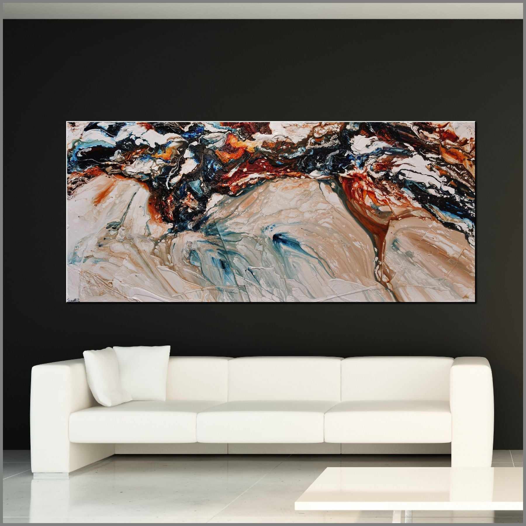 Oxide Blue White Textured Abstract Painting - 270cm x 120cm Marbled Coast Wall Art for Living Room, Bedroom & Office Decor