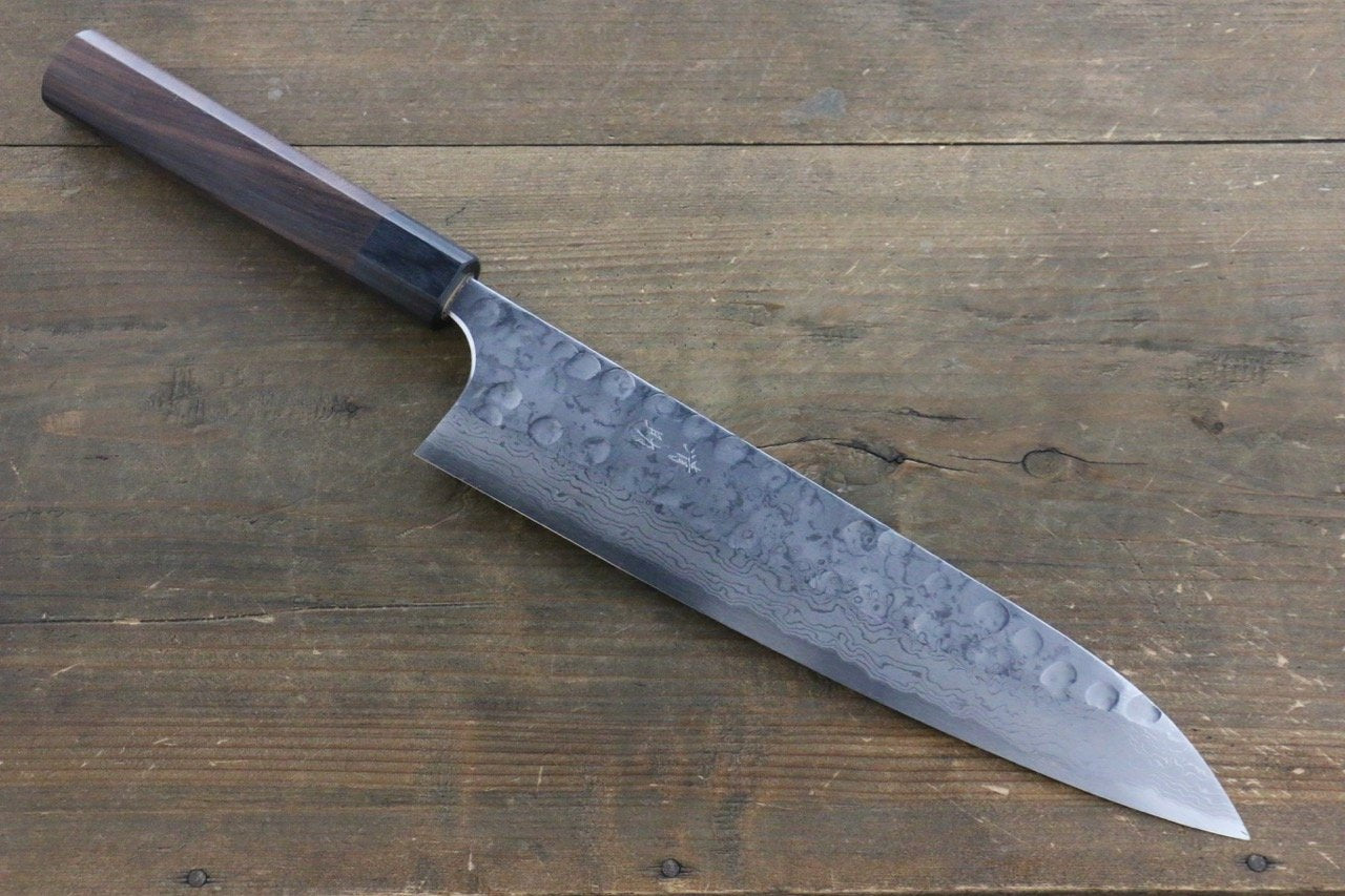 Premium Seisuke Blue Steel No.2 Hammered Damascus Gyuto Chef Knife 240mm with Exquisite Shitan Handle - Perfect for Professional Chefs & Home Cooking Enthusiasts