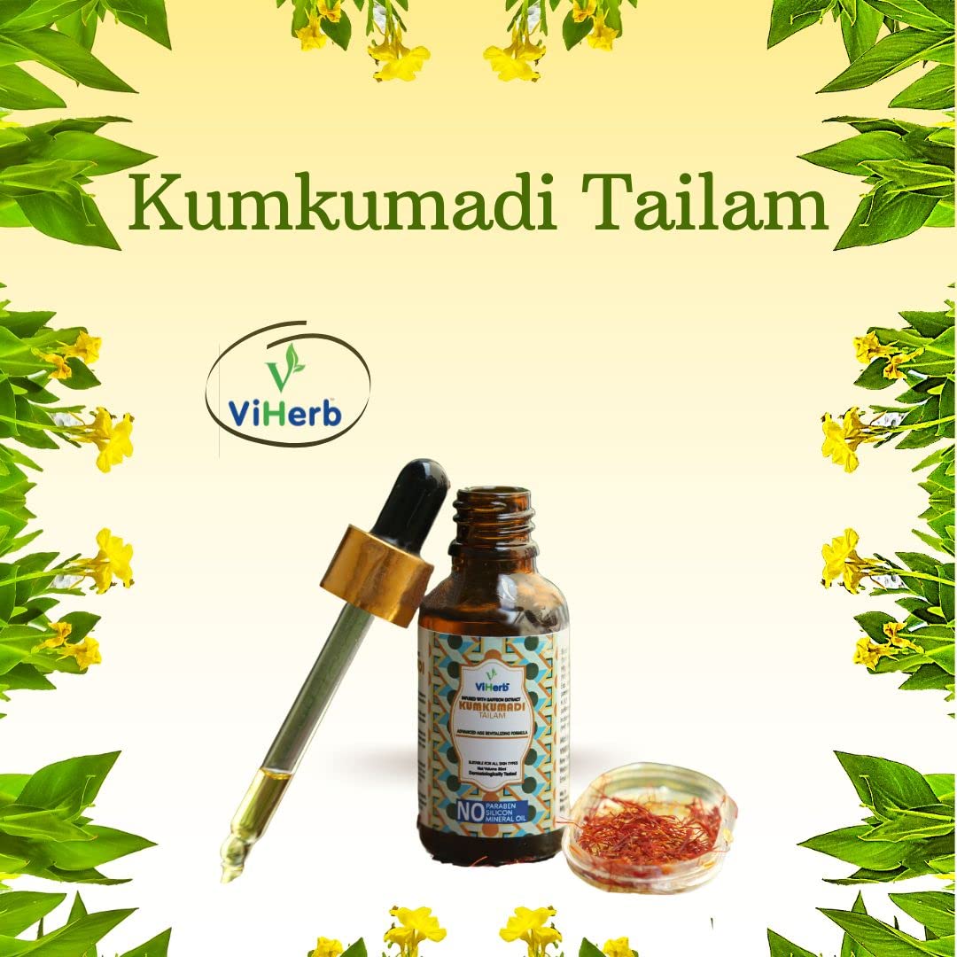 Viherb Kumkumadi Tailam Serum for Brightening & Glowing Skin | Reduces Wrinkles, Hyperpigmentation & Dark Circles | Anti-Aging Face Serum with Fine Line & Sun Damage Correction (30ml) | Perfect for Nighttime Skincare Routine & Daily Radiance Boost