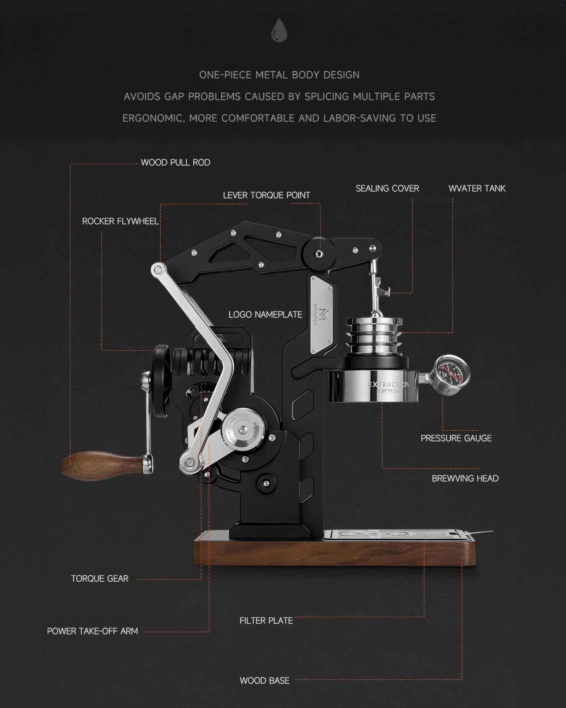MUVNA Mach M8 Manual Hand Crank Espresso Maker - Portable Coffee Machine for Camping, Travel & Home Use - Stainless Steel Italian Style Espresso Maker