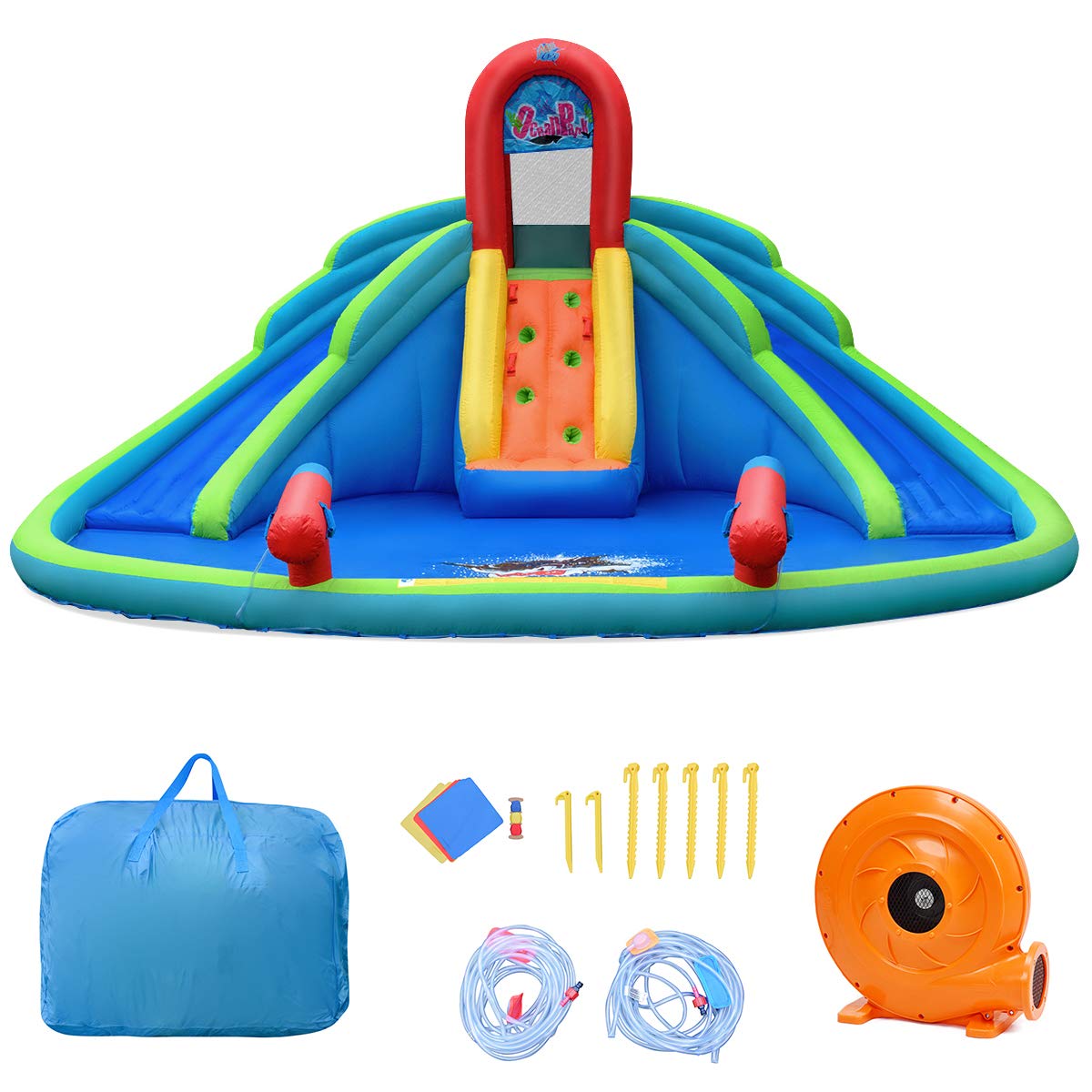 GOFLAME Inflatable Water Slide for Kids - Large Splash Pool, 2 Slides & 2 Water Cannons, Bounce House with Carry Bag, Stakes & Repair Kit (Includes 780W Air Blower) - Perfect for Backyard Parties, Summer Fun & Outdoor Family Activities