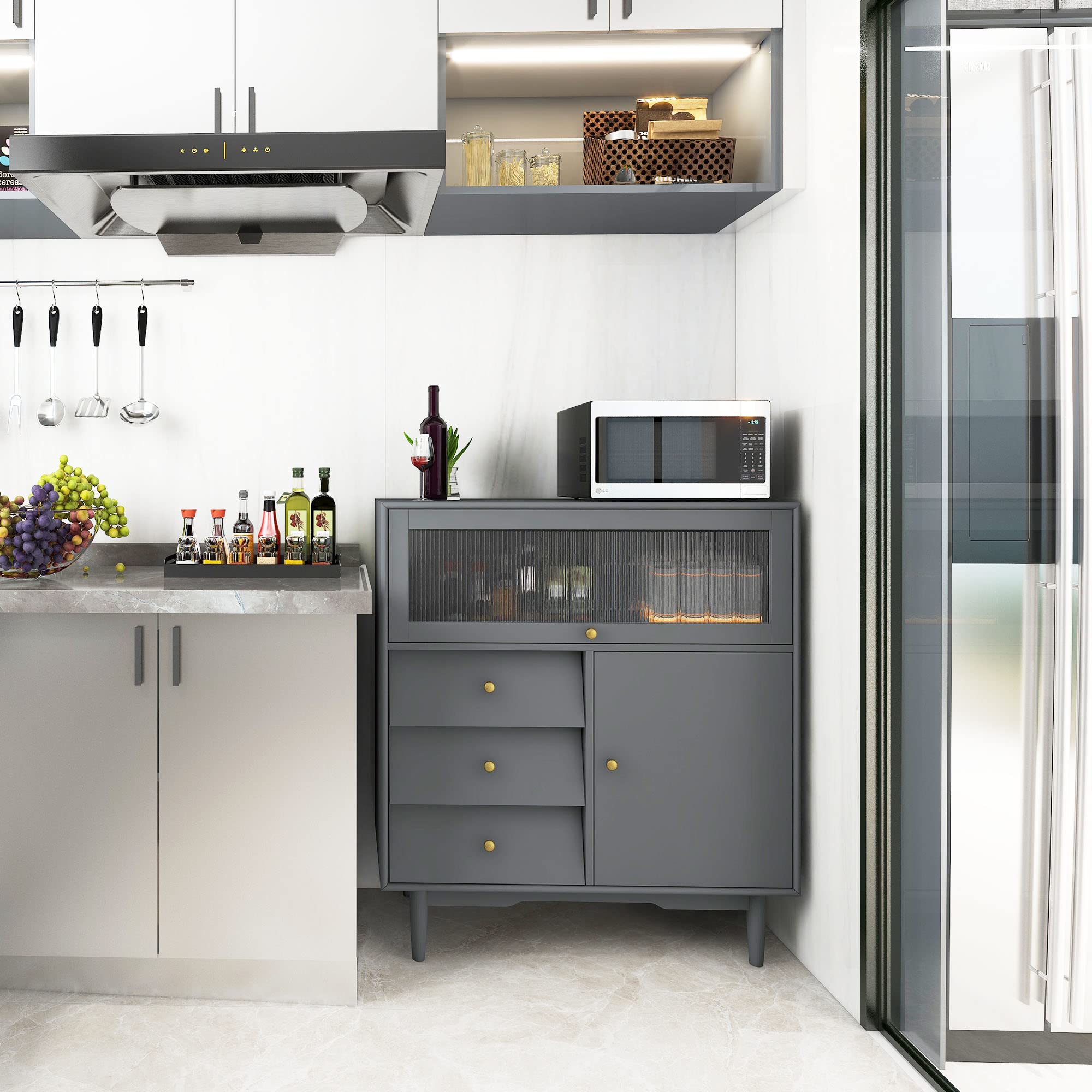 HIUU Retro Sideboard Buffet with Storage - Microwave Stand with Drawers, Kitchen Cabinet with 3 Drawers & Glass Doors, Coffee Bar Cabinet in Quiet Grey/Cream Black - Perfect for Dining Room Storage, Kitchen Organization & Coffee Station Setup