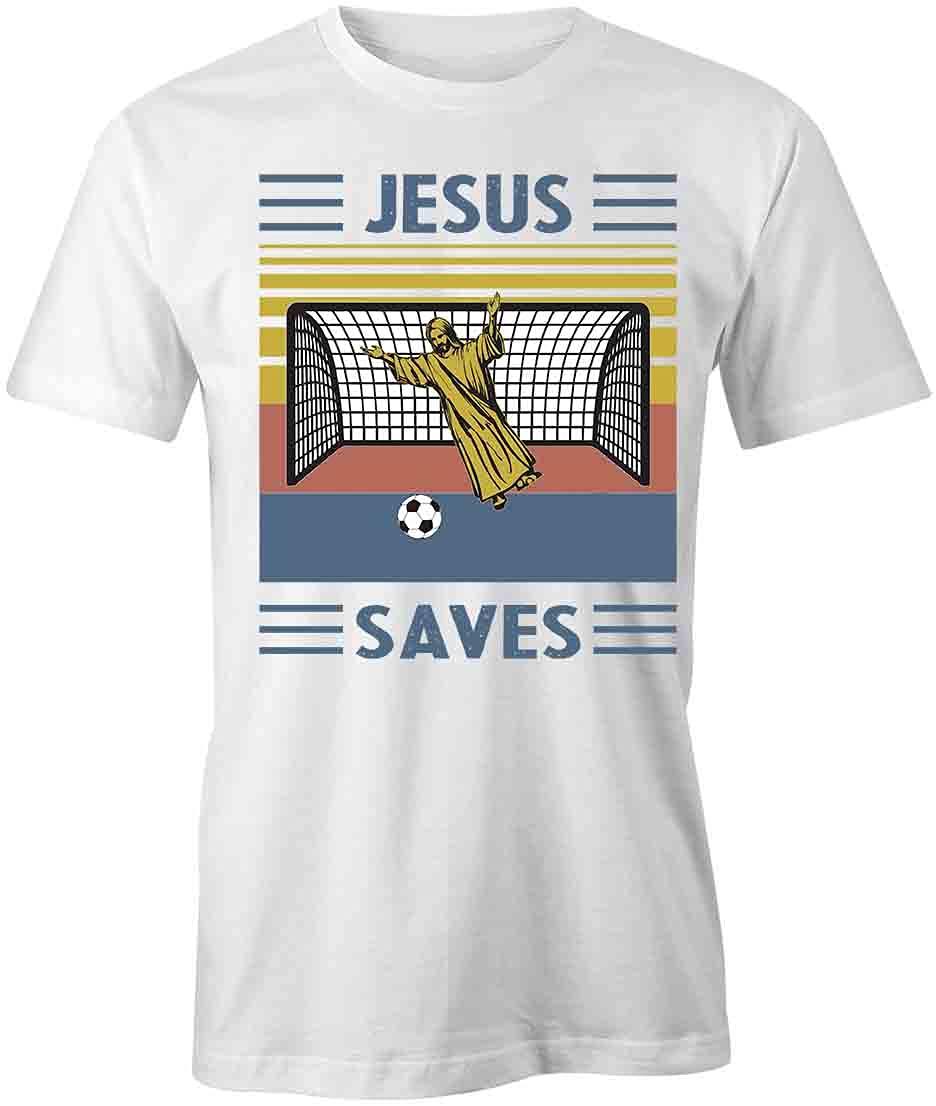 Jesus Saves Soccer T-Shirt - White Printed Graphic Tee for Men & Women | Christian Sports Apparel for Soccer Fans, Church Events & Casual Wear