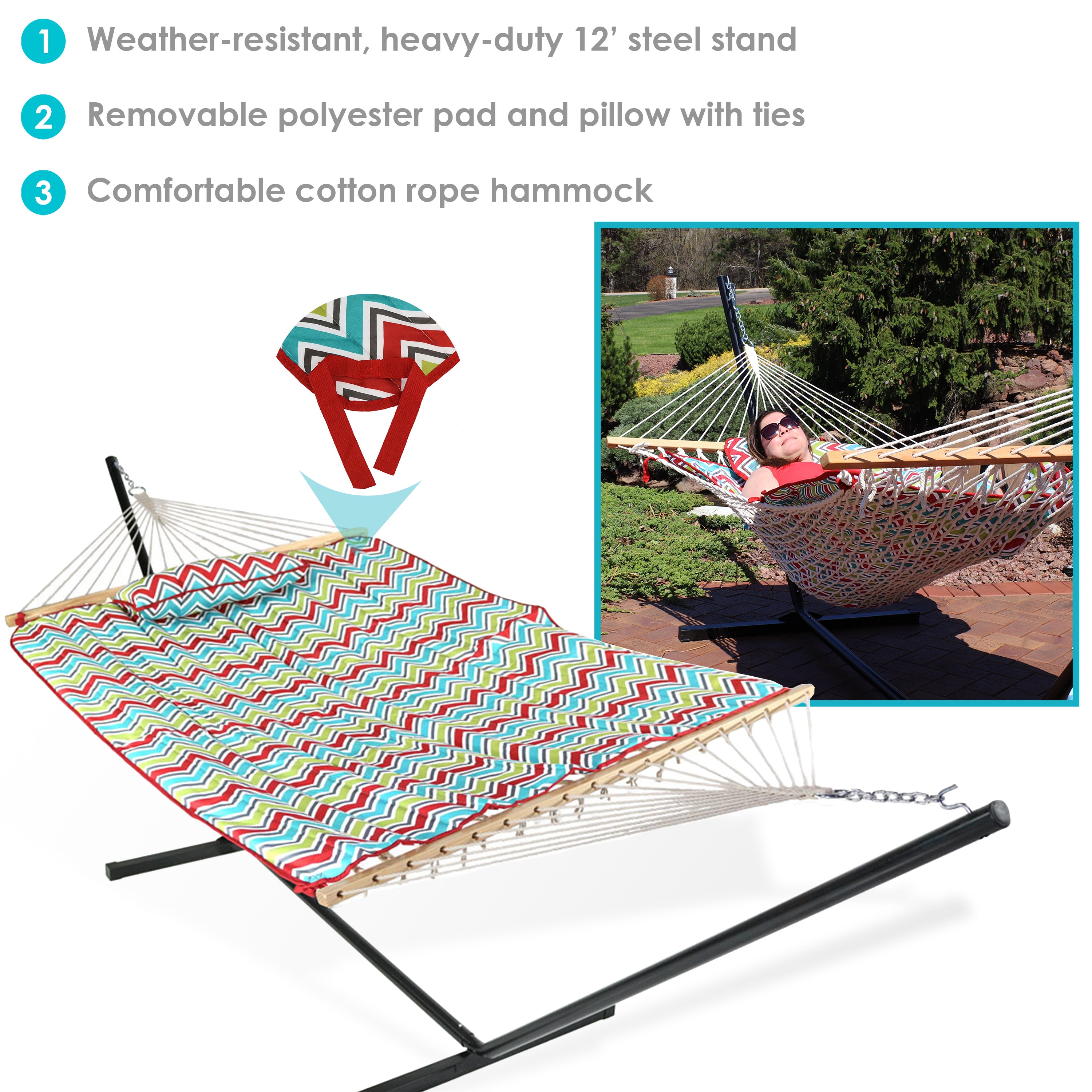 Premium Sunnydaze Rope Hammock with 12-Foot Steel Stand, Comfortable Pad & Pillow - Perfect for Backyard Relaxation, Beach Lounging & Outdoor Camping