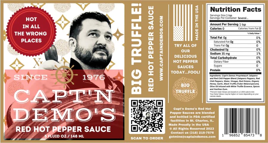 CAPTAIN DEMO's DOUBLE TRUFFLE Red Hot Pepper Sauce - 2 Bottle Pack with Free Travel Bottle | Gourmet Hot Sauce with Black & White Truffles | Perfect Garlic Flavor & Hot Honey Heat | Ideal for Pizza, Wings & Gourmet Cooking