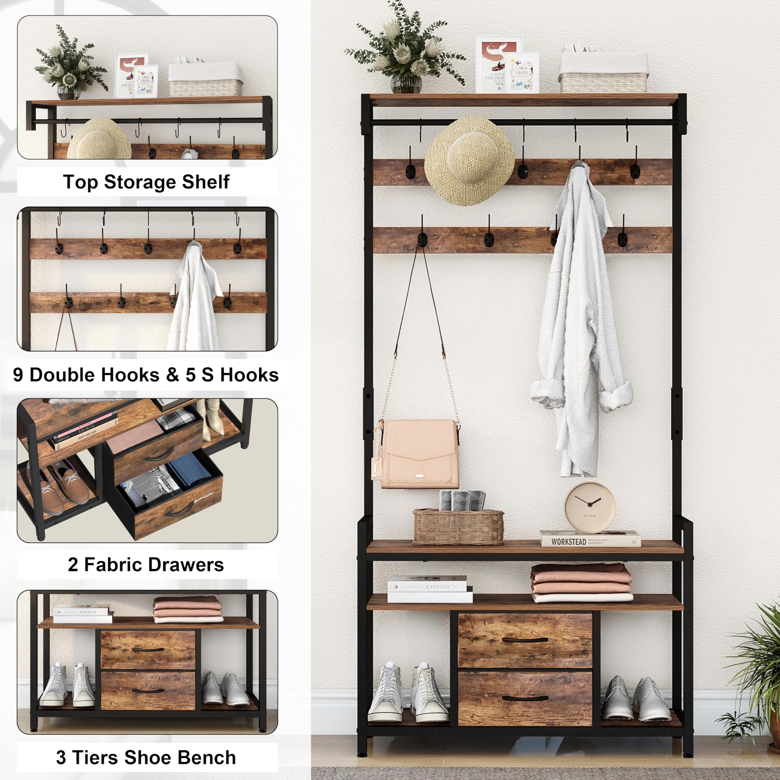 Vintage Brown Hall Tree with Bench & Shoe Storage - Entryway Organizer with Coat Rack, 14 Hooks, 2 Fabric Drawers - Perfect for Hallway, Living Room & Small Space Entry Organization