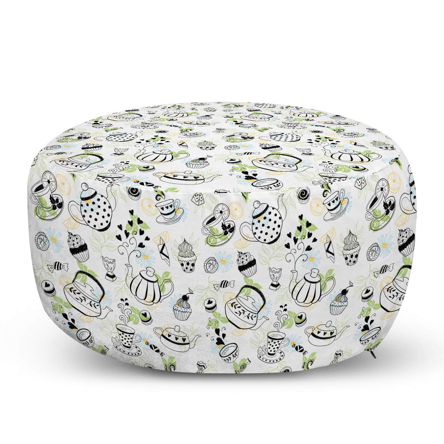 Ambesonne Tea Party Pouf Cover with Zipper - Hand Drawn Doodle Style Teapots, Cups, Hearts & Flowers Design - Soft Decorative Fabric Unstuffed Case - 30