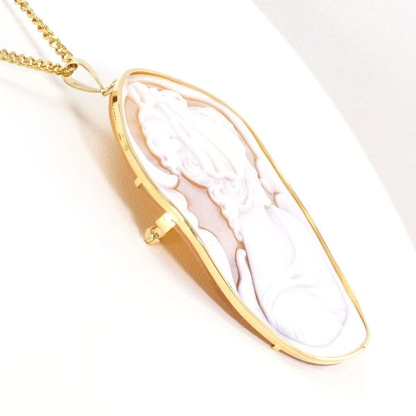 18K Yellow Gold Shell Cameo 2-Way Necklace & Brooch Set with Certificate - Vintage Jewelry for Weddings, Anniversaries & Special Occasions