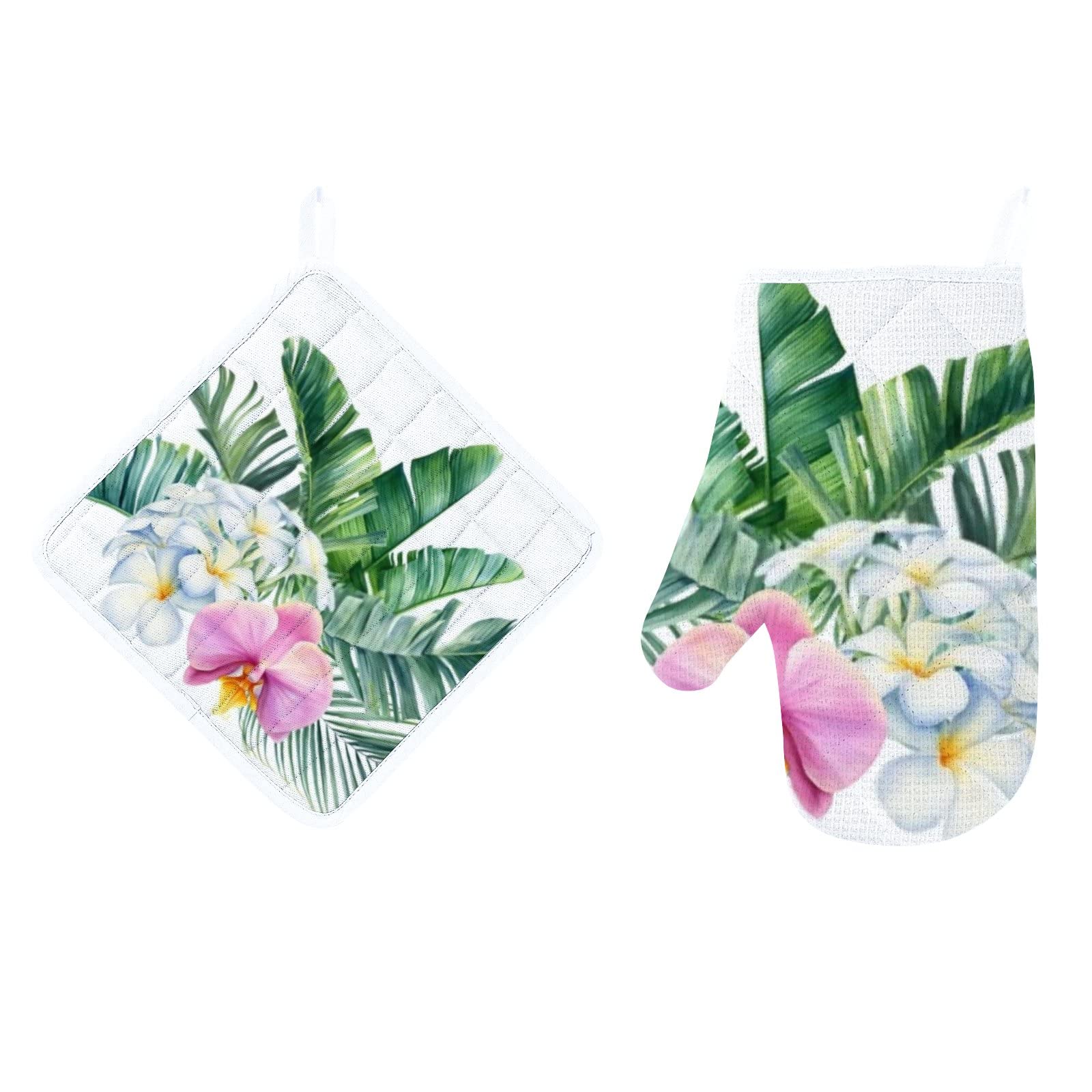 2-Piece Tropical Palm Leaf Watercolor Oven Mitts & Pot Holders Set - Heat Resistant Kitchen Gloves with Soft Cotton Lining & Non-Slip Surface for Cooking, Baking, Grilling, BBQ - Perfect for Holiday Gifts & Home Kitchen Essentials