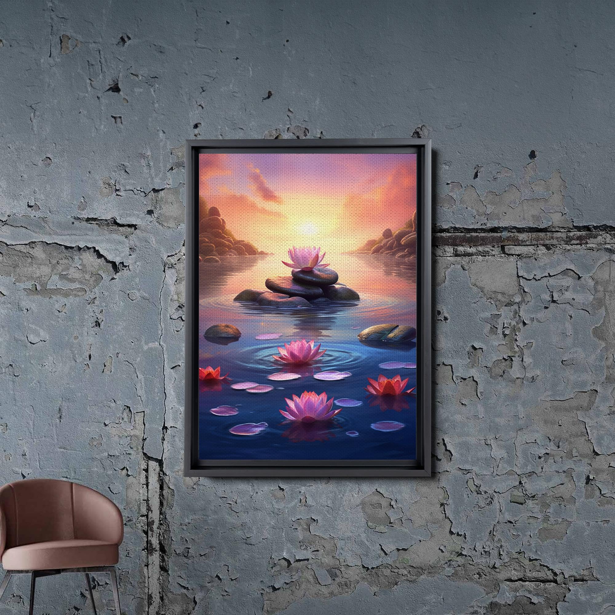 Zen Wall Art Decor - Framed Canvas Zen Garden with Stone Flower & Peaceful Water Sunset Print - Meditation & Yoga Room Decor for Home, Office, Spa - Perfect for Relaxation & Mindfulness Spaces