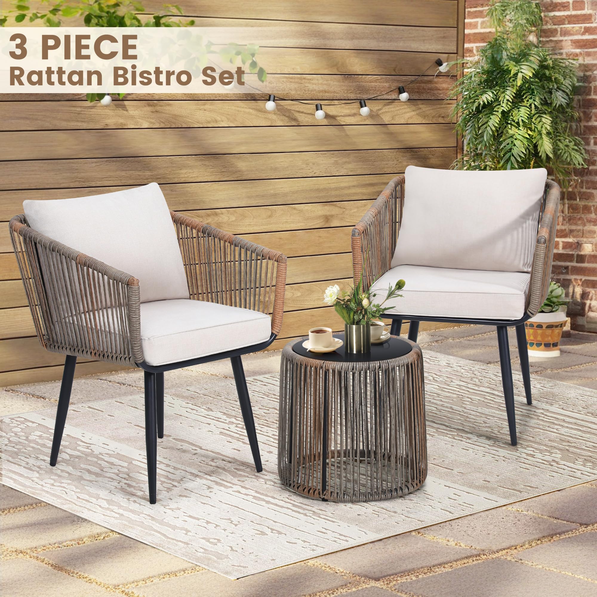 Kromax 3-Piece Patio Rattan Bistro Set - All-Weather Wicker Outdoor Furniture with 2 Chairs & Side Table - Perfect for Balcony, Porch, Backyard, Garden or Poolside - Beige