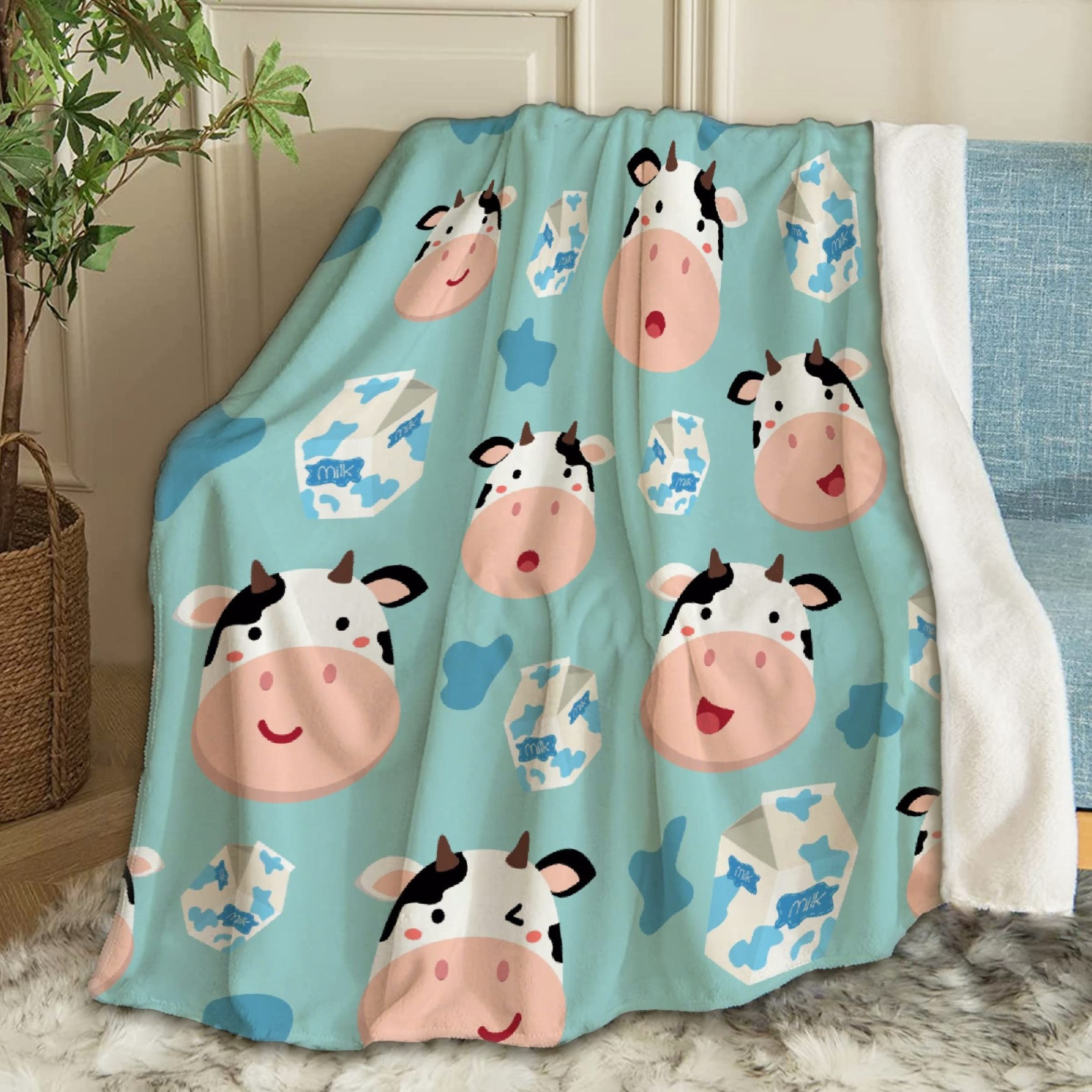 Super Soft Anime Fleece Blanket - Cow & Milk Carton Blue Throw Blanket 120