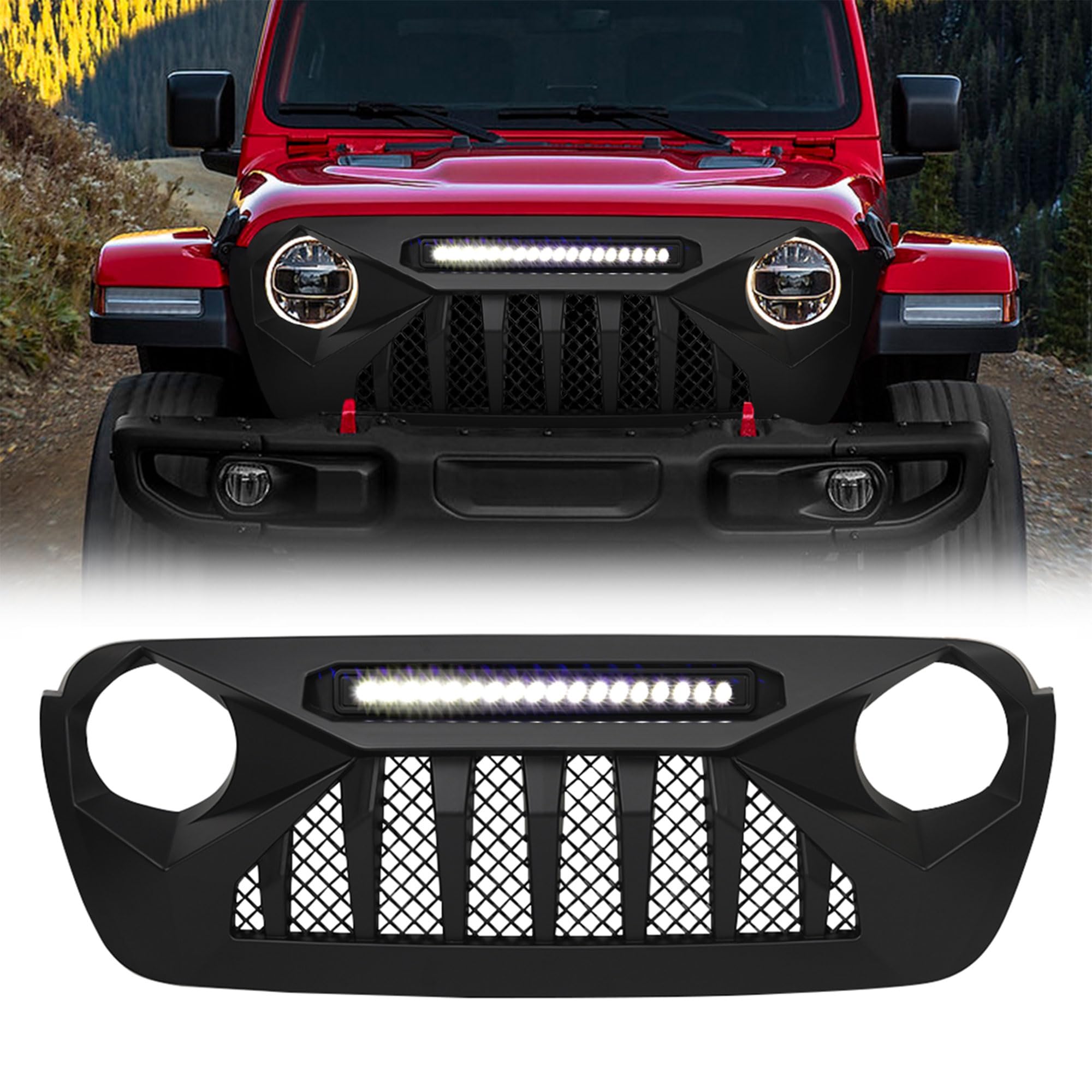 2018-2021 Jeep Wrangler JL & Gladiator JT LED Demon Grille - Matte Black Off-Road Grill with Lights (Non-Trailcam) | Upgrade for Truck & SUV Off-Roading Adventures