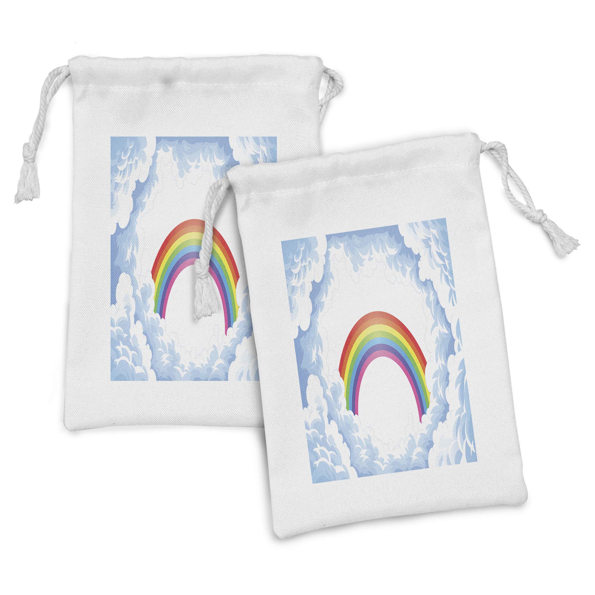 Ambesonne Cartoon Fabric Pouch Set of 2 - Rainbow Clouds Art Design Drawstring Bags (9