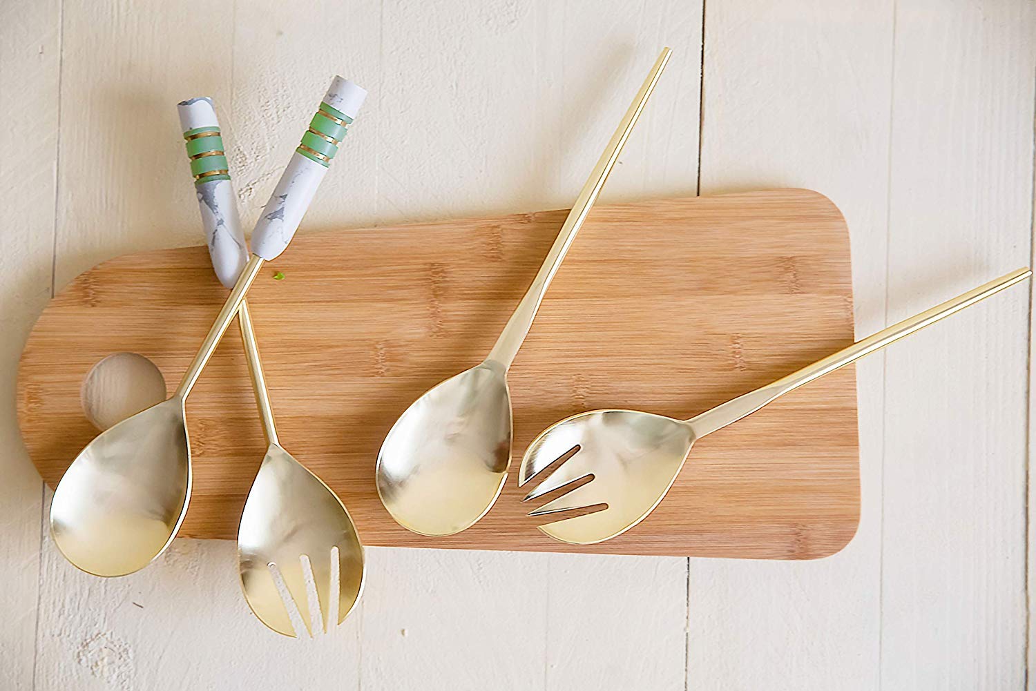 Folkulture Stainless Steel 12-Inch Serving Spoon and Fork Set - Gold/Brass Finish for Salad, Pasta, Gravies - Modern Kitchen Utensils for Cooking, Serving & Entertaining