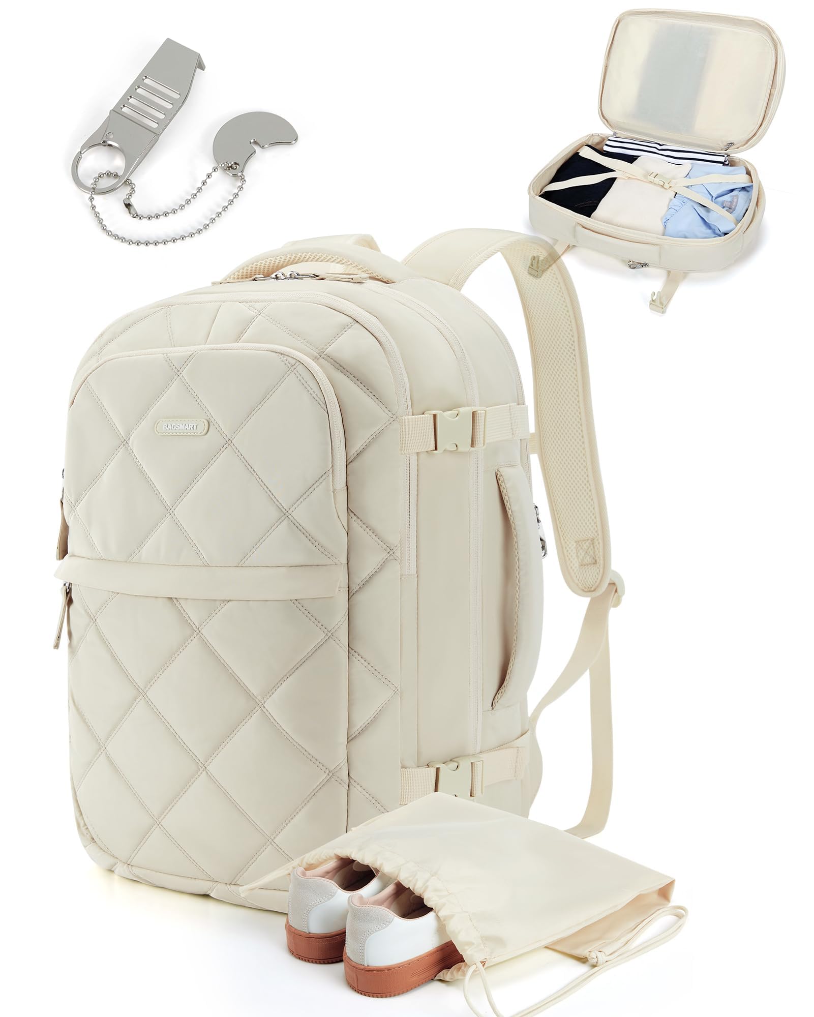 BAGSMART 30L Travel Backpack - TSA Approved Carry On Backpack with Laptop Compartment & Shoe Bag, Anti-Theft Door Lock for Airplane, Business Trip & Commuting - Classic Beige