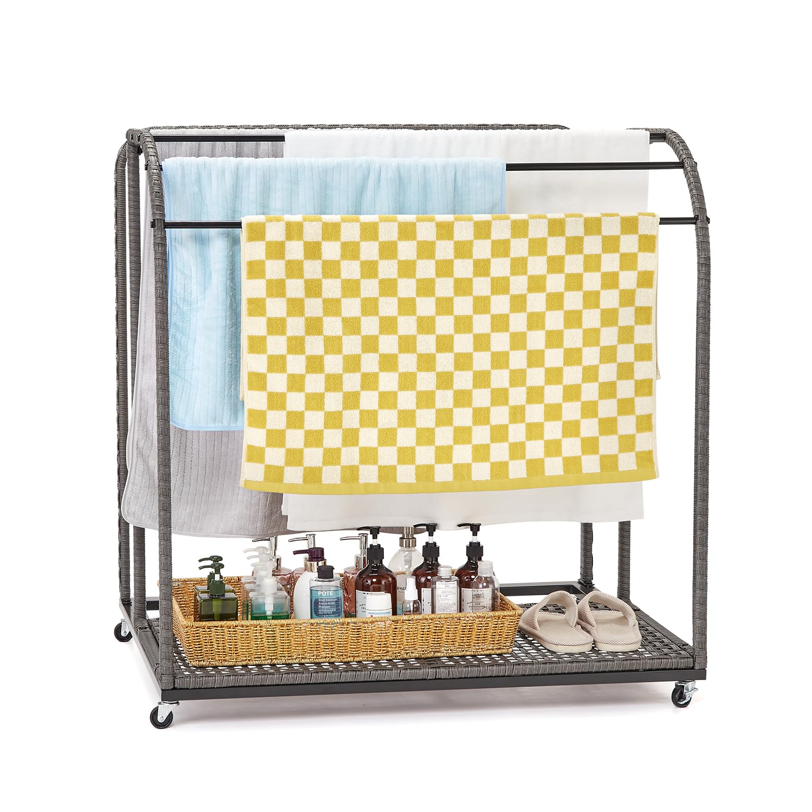 IdealHouse Freestanding Rattan Weaving Poolside Towel Rack - 5-Bar Outdoor/Indoor Storage Organizer for Towels, Pool Floats, Noodles & Swimming Rings - Perfect for Patio, Beach House & Poolside Decor