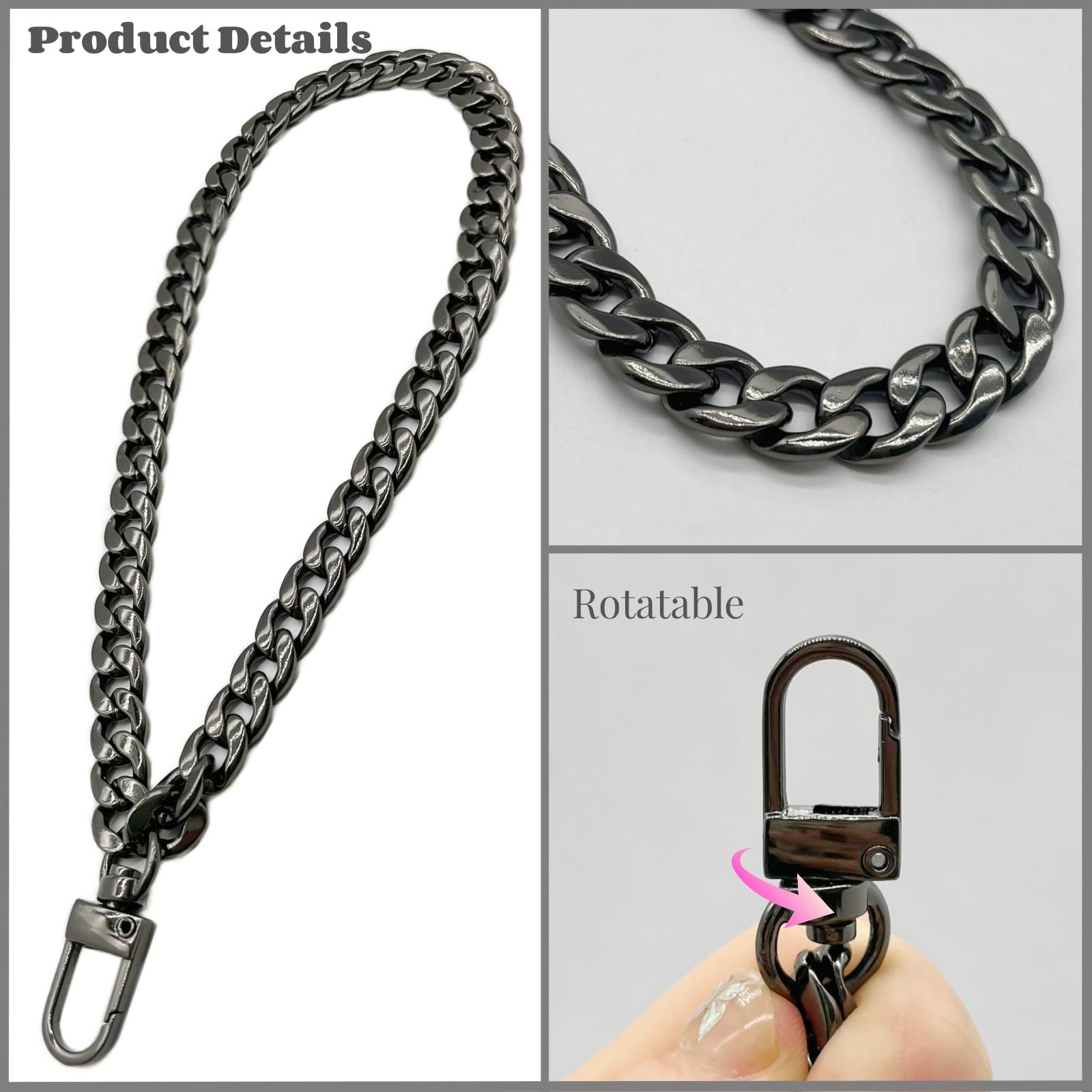 WEICHUAN 8 Inch DIY Iron Flat Chain - Adjustable Wrist Strap, Purse Handbag Replacement Chain Accessory (Gun-Black) | Perfect for Bag Repair, Jewelry Making & Boho Fashion DIY Projects